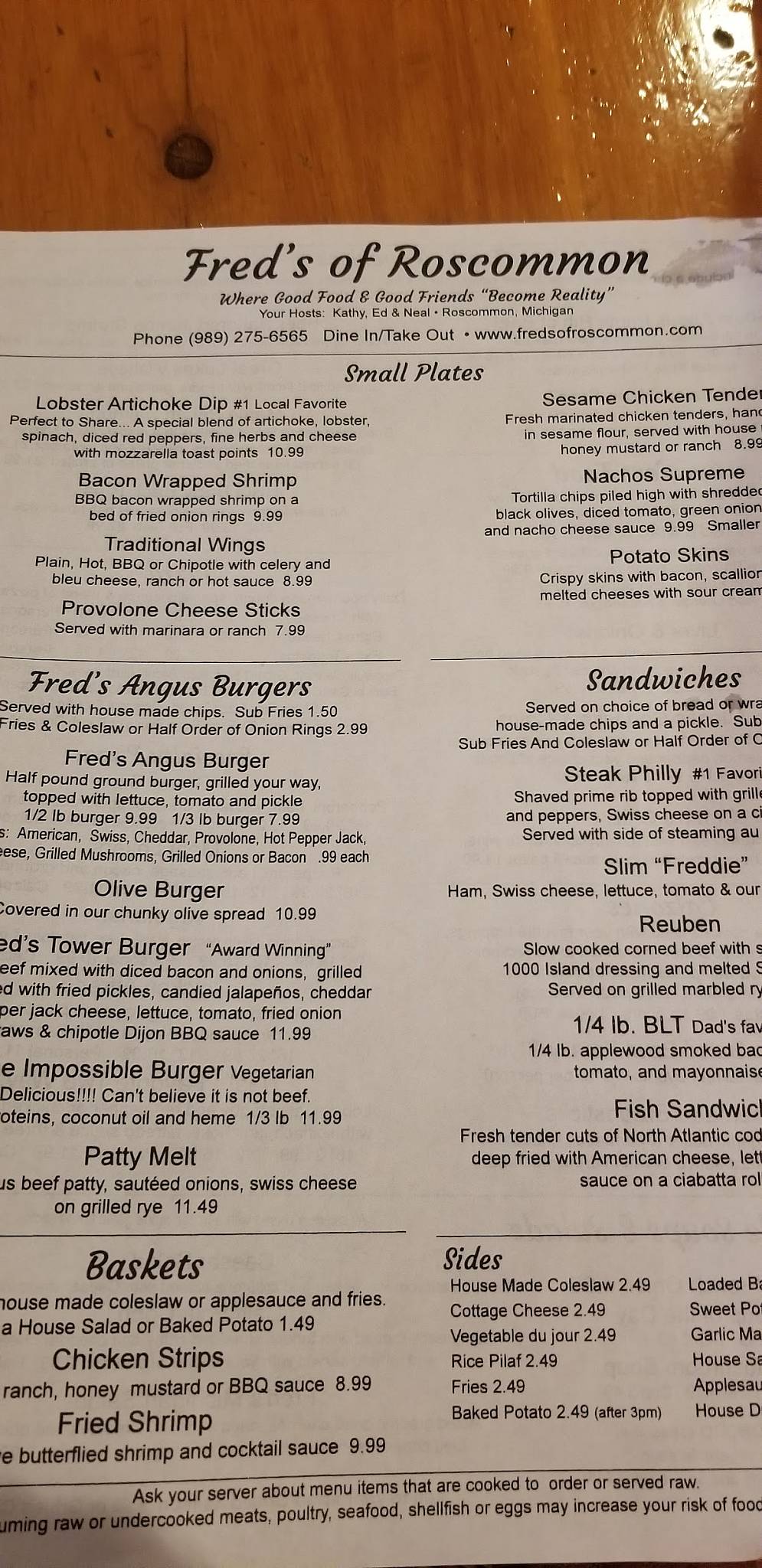Menu at Fred's of Roscommon pizzeria, Roscommon