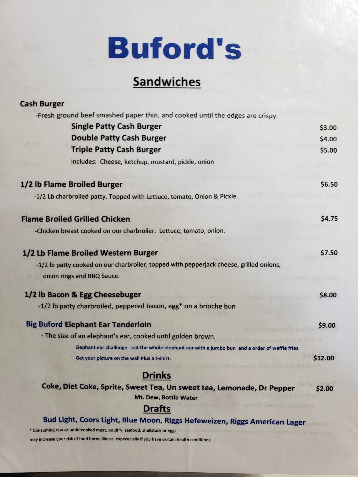 Menu at Buford’s pub & bar, Sadorus