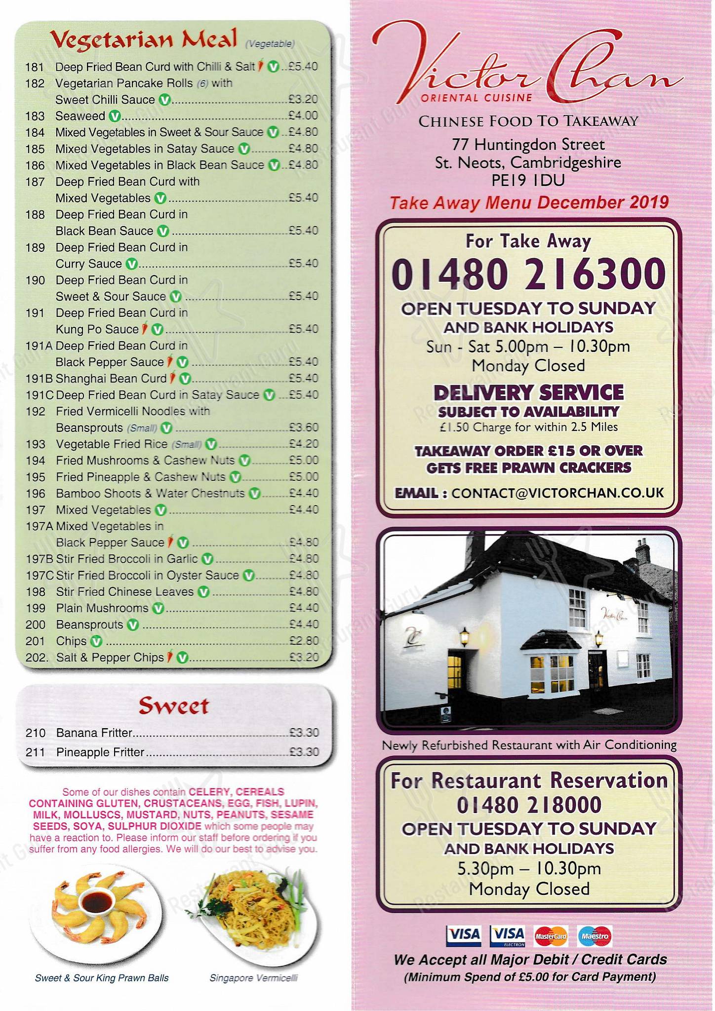 Menu at Victor Chan Oriental Cuisine restaurant, Saint Neots