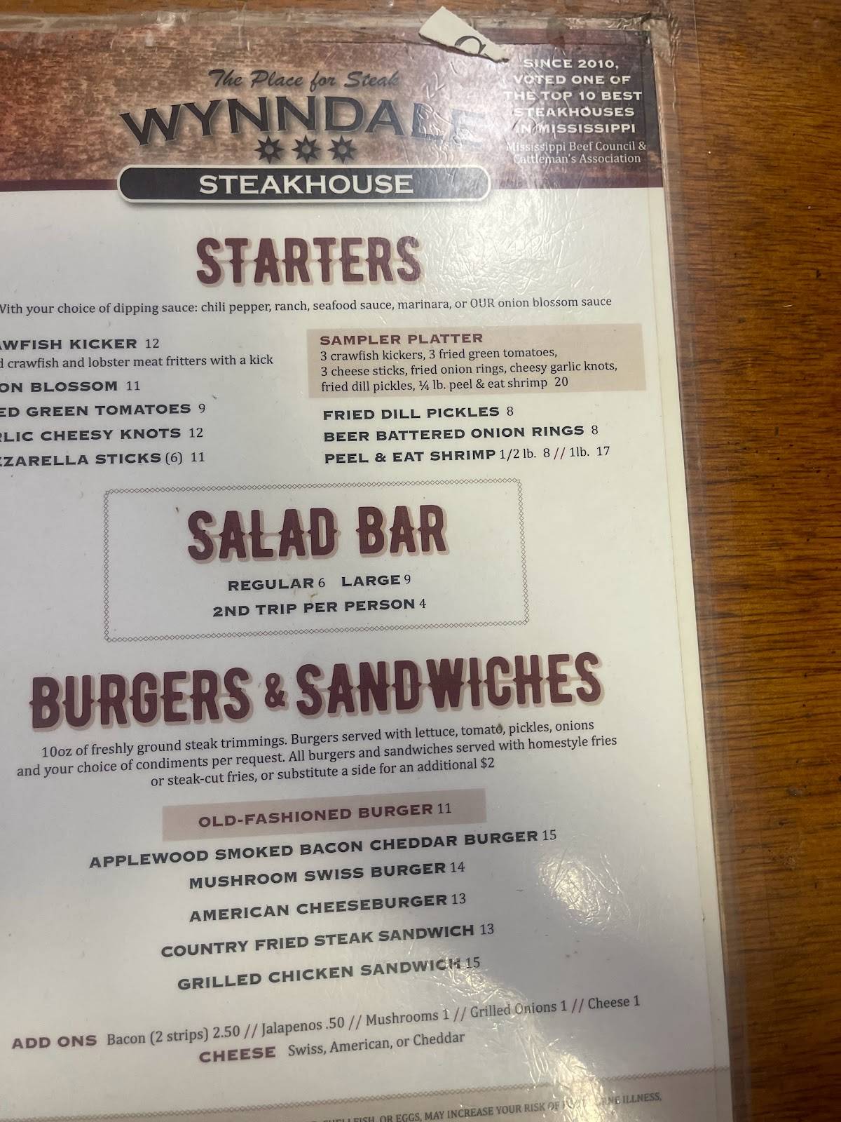 Menu at Wynndale SteakhouseRestaurant, Terry