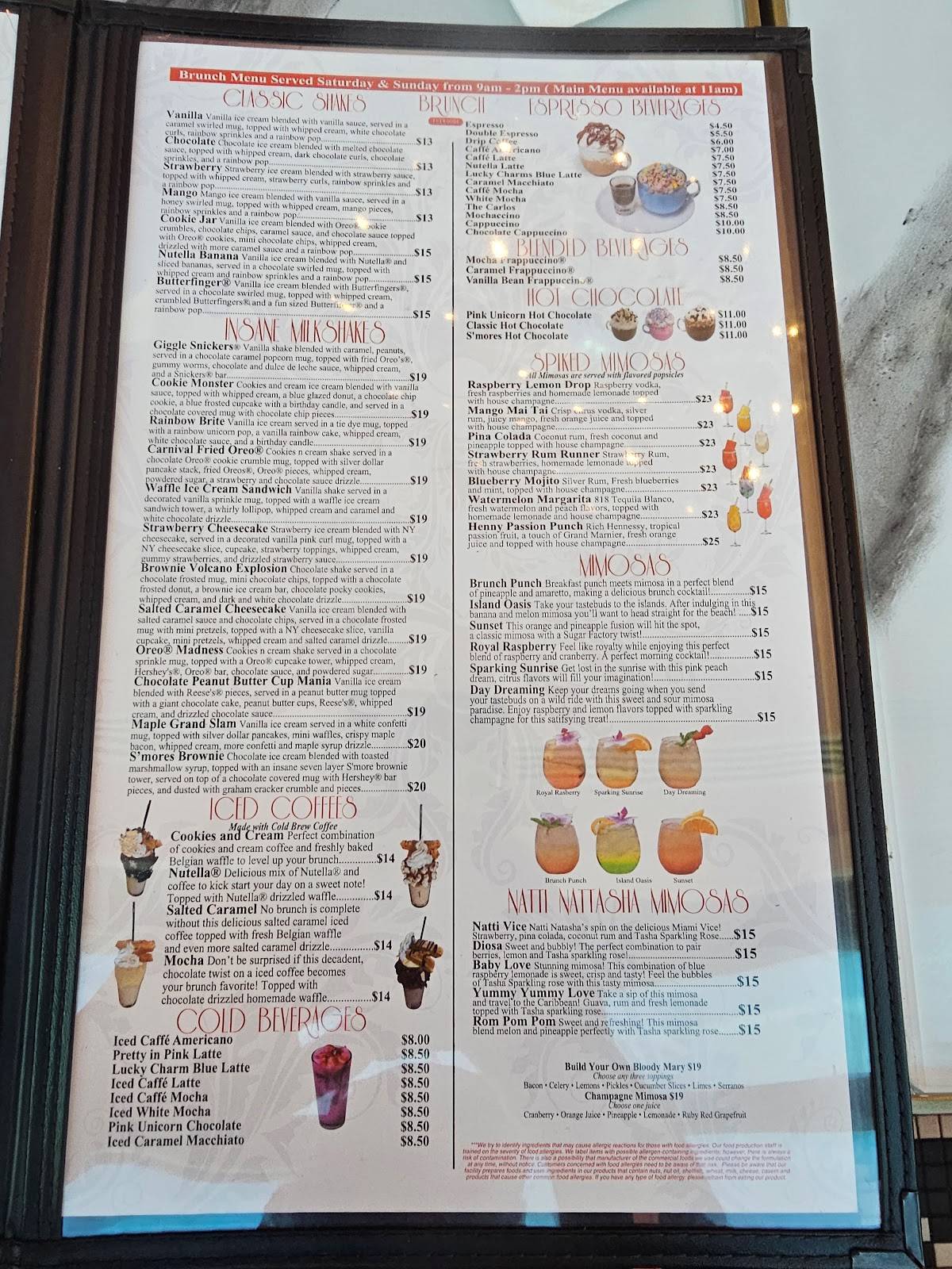 Menu at Sugar Factory Foxwoods desserts, Ledyard