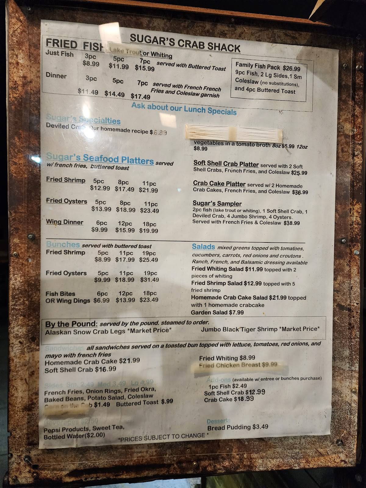 Menu at Sugar's Crab Shack restaurant, Richmond