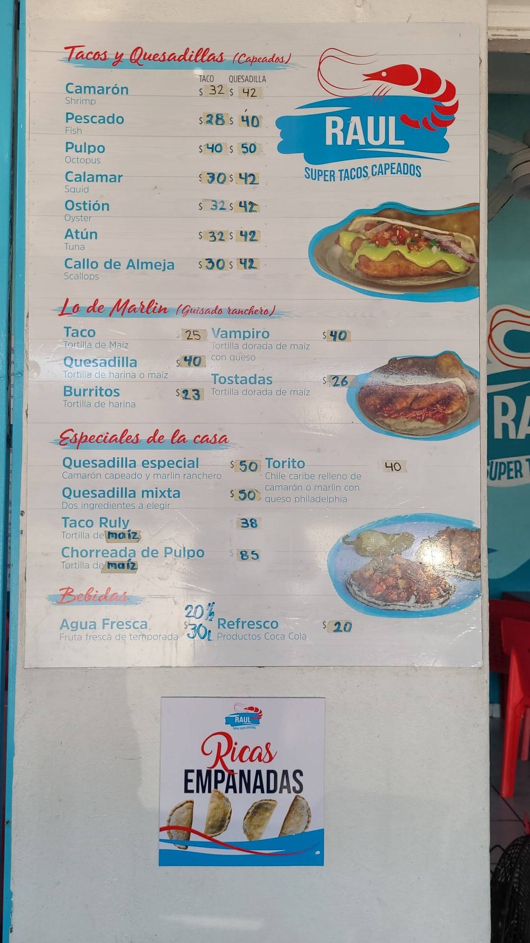 Menu at Tacos Capeados Raúl restaurant, Mazatlán
