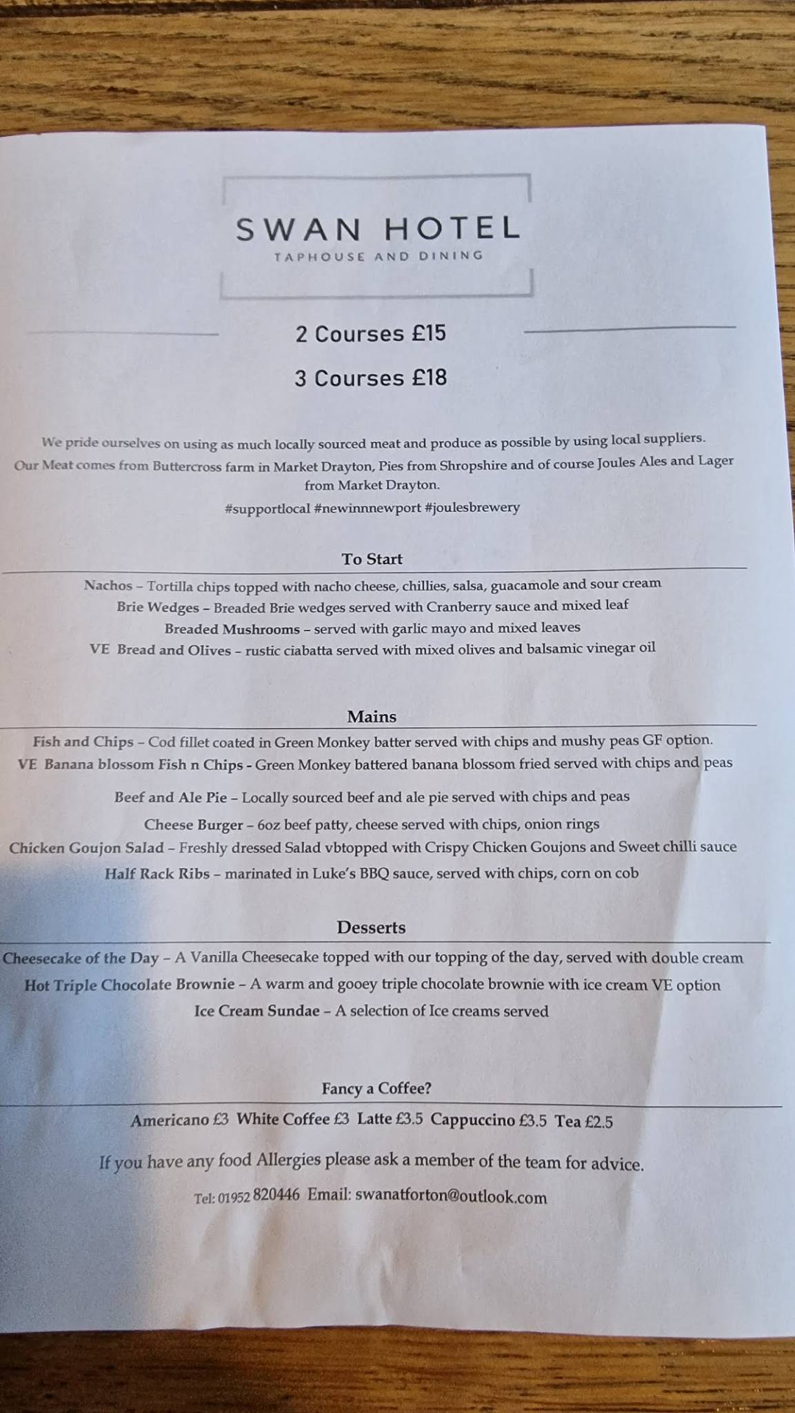 Menu at Swan Hotel Forton restaurant, Newport, Eccleshall Road