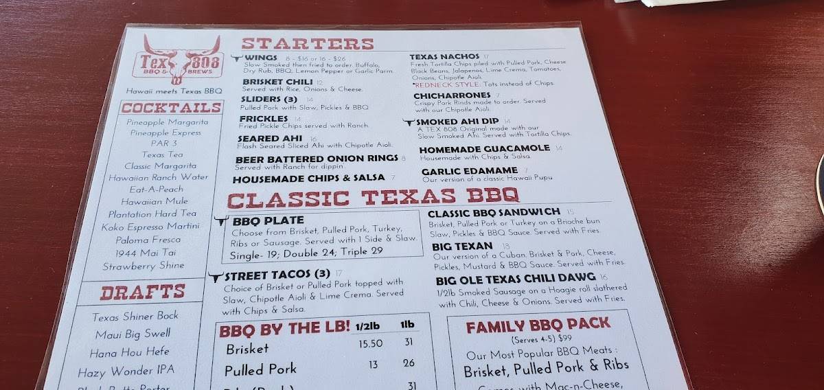 Menu at TEX 808 BBQ + Brews Hawaii Kai, Honolulu, 377 Keahole St Ste C1-A