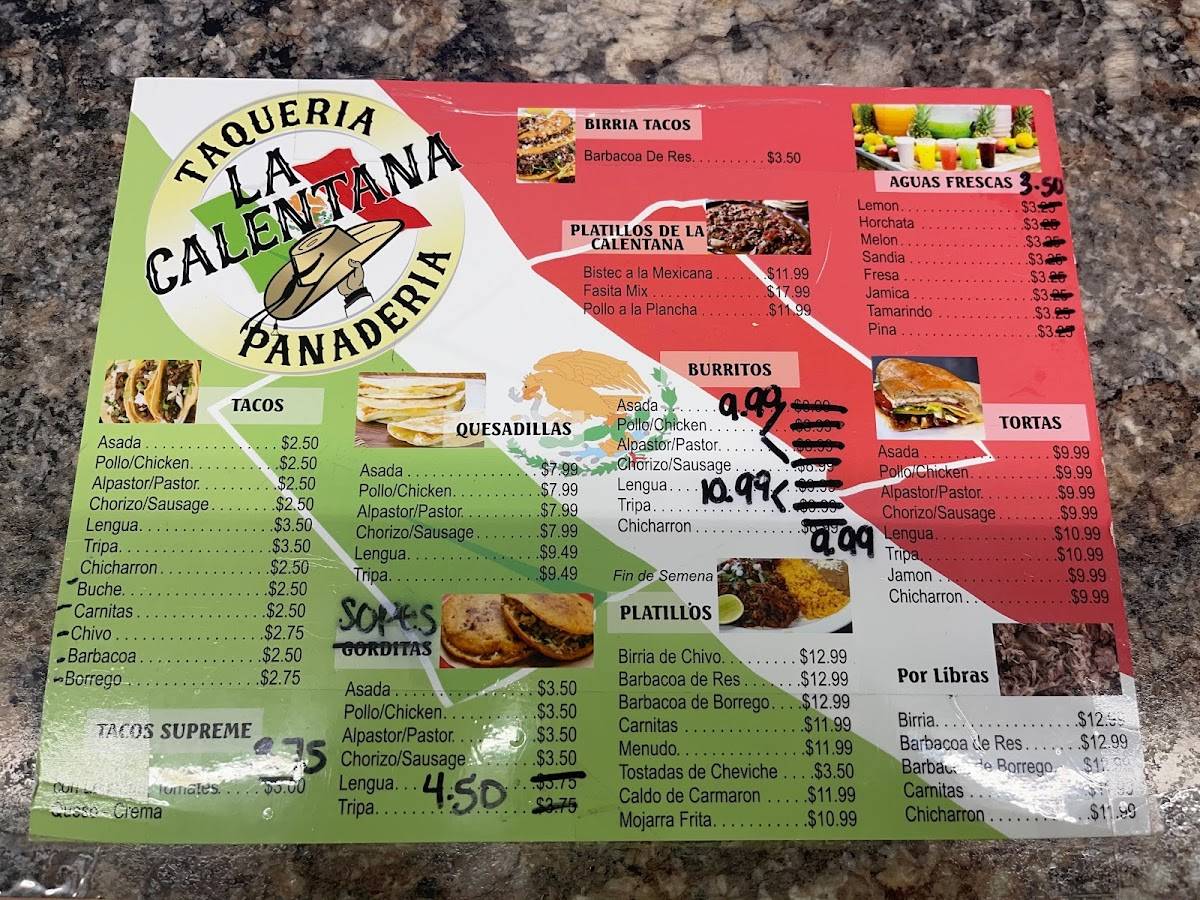 Menu at Taqueria Y Panadería La Calentana restaurant, De Leon Springs