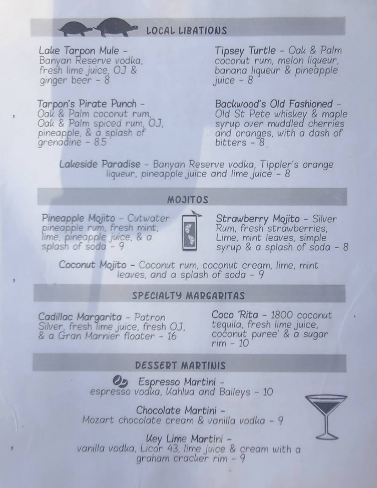 Menu at Tarpon Turtle Waterfront Grill restaurant, Tarpon Springs