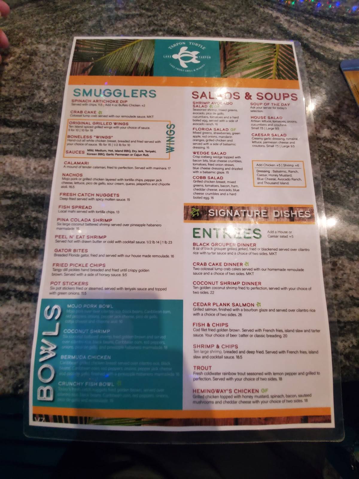 Menu at Tarpon Turtle Waterfront Grill restaurant, Tarpon Springs