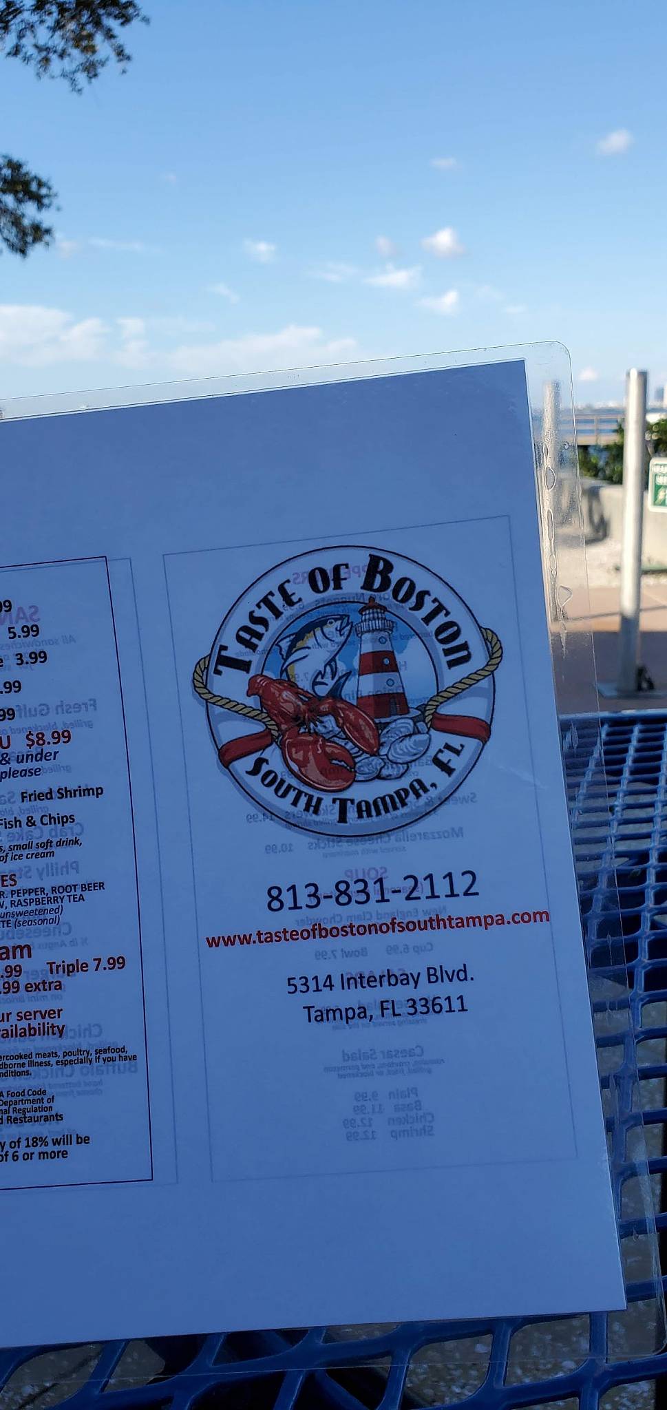 Menu at Taste of Boston restaurant, Tampa, Interbay Blvd