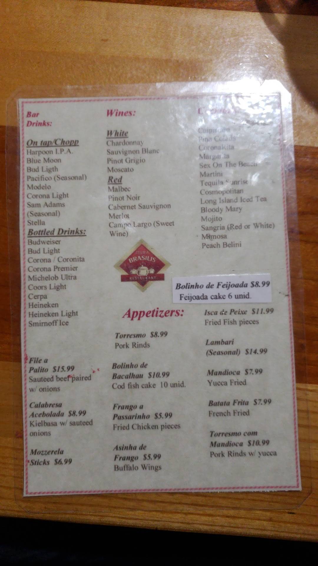 Menu at Terra Brasilis Restaurant, Worcester