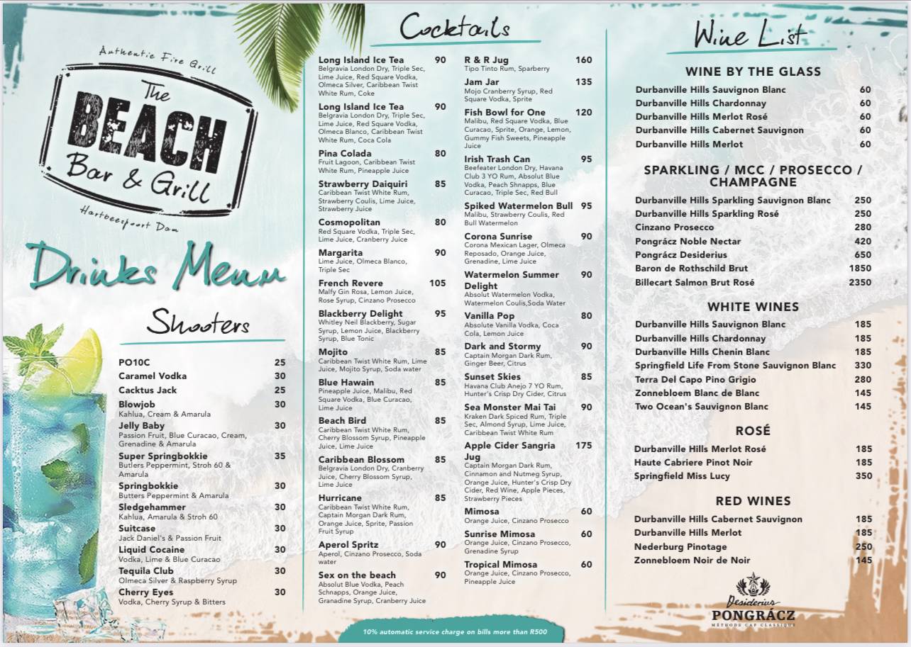 Menu At The Beach Bar And Grill Hartbeespoort 