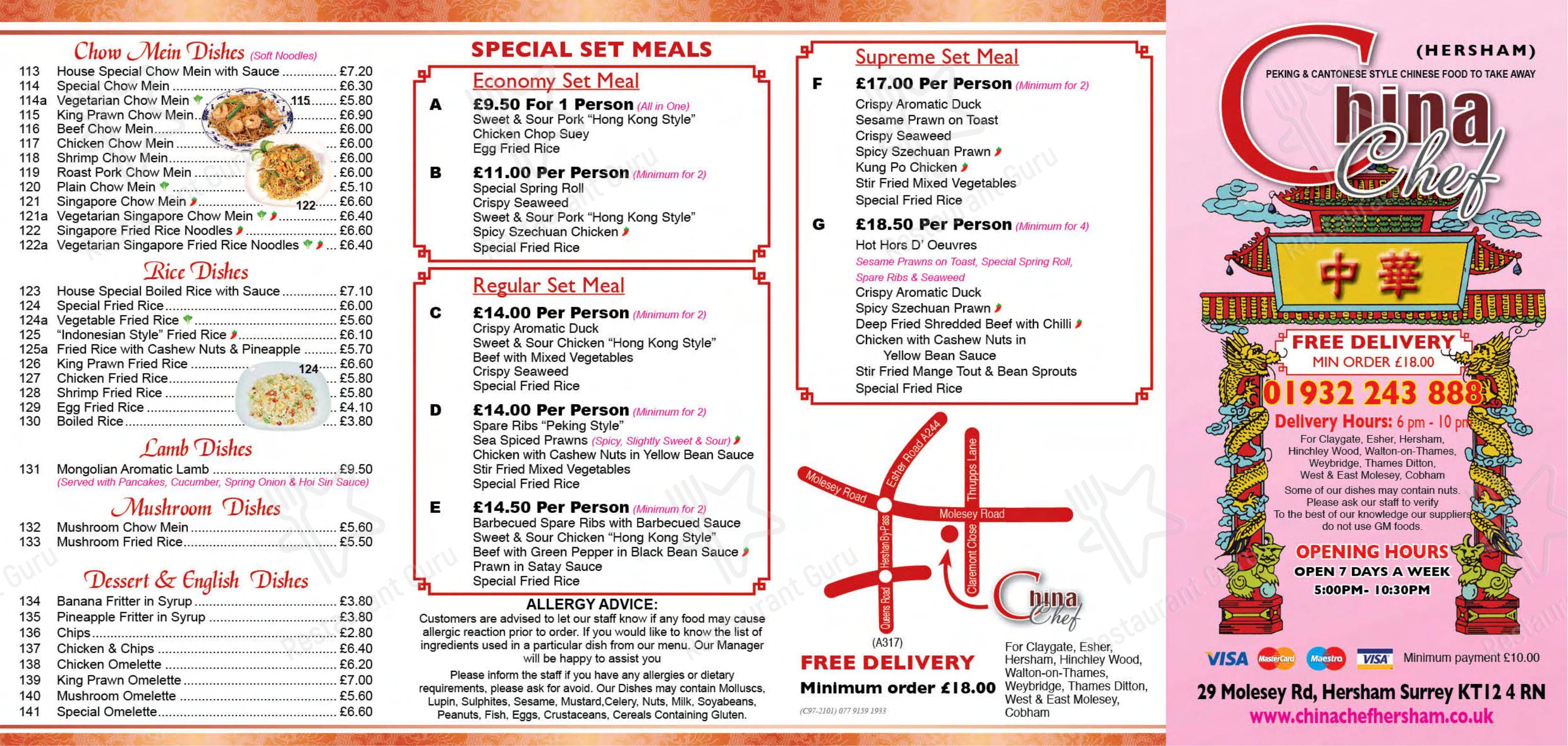 Menu at The China Chef fast food, Hersham