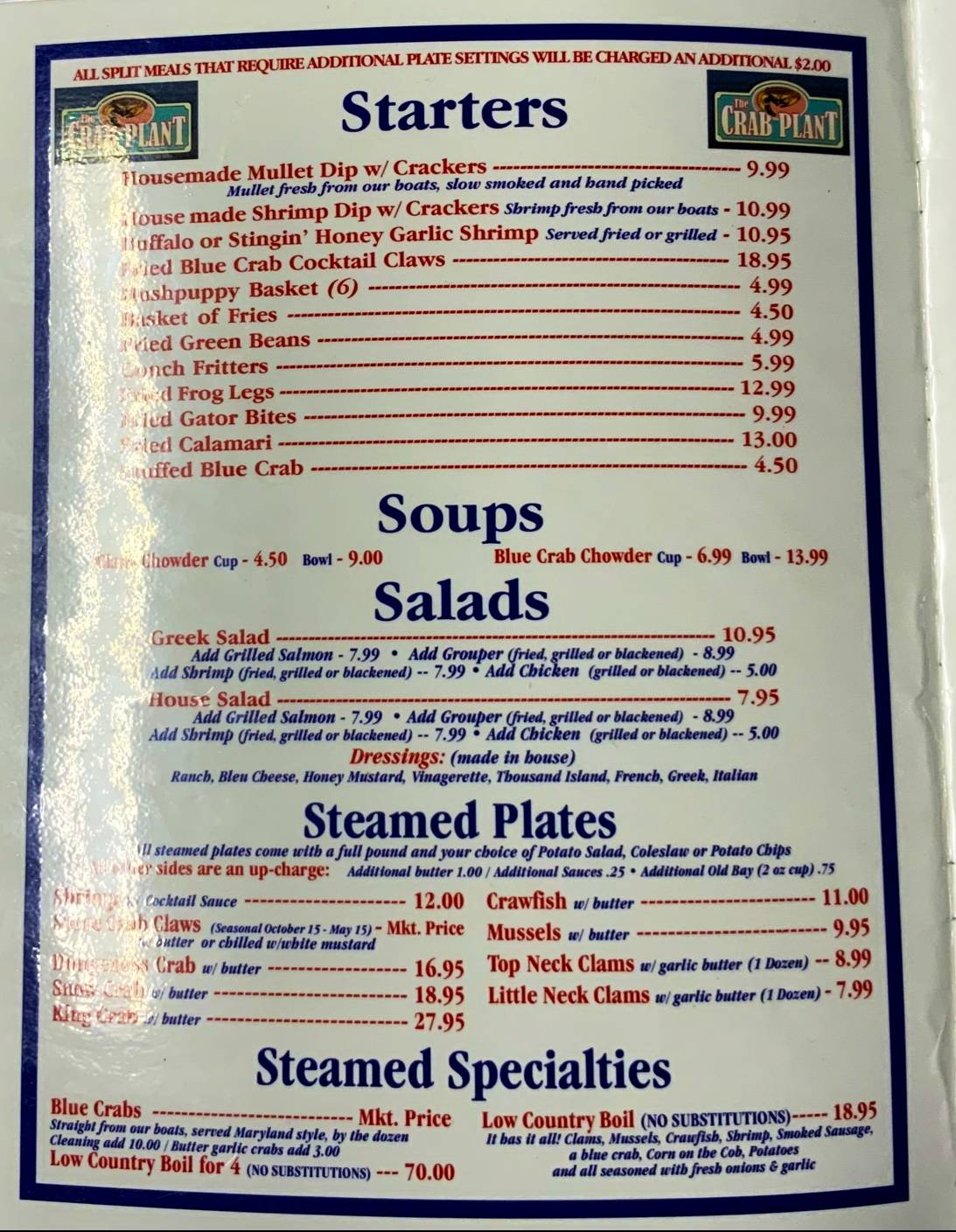 Menu at The Crab Plant restaurant, Crystal River