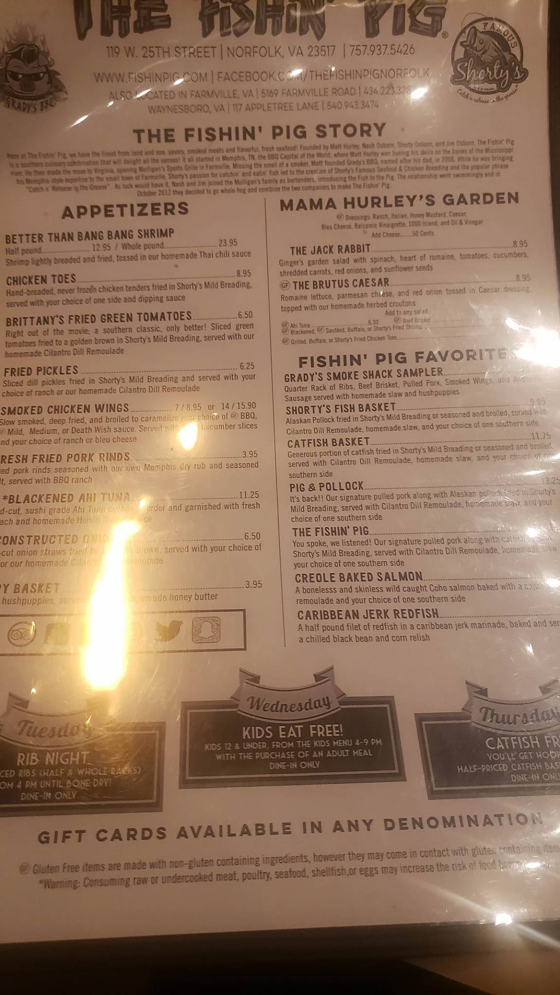 Menu at The Fishin' Pig Norfolk BBQ, Norfolk