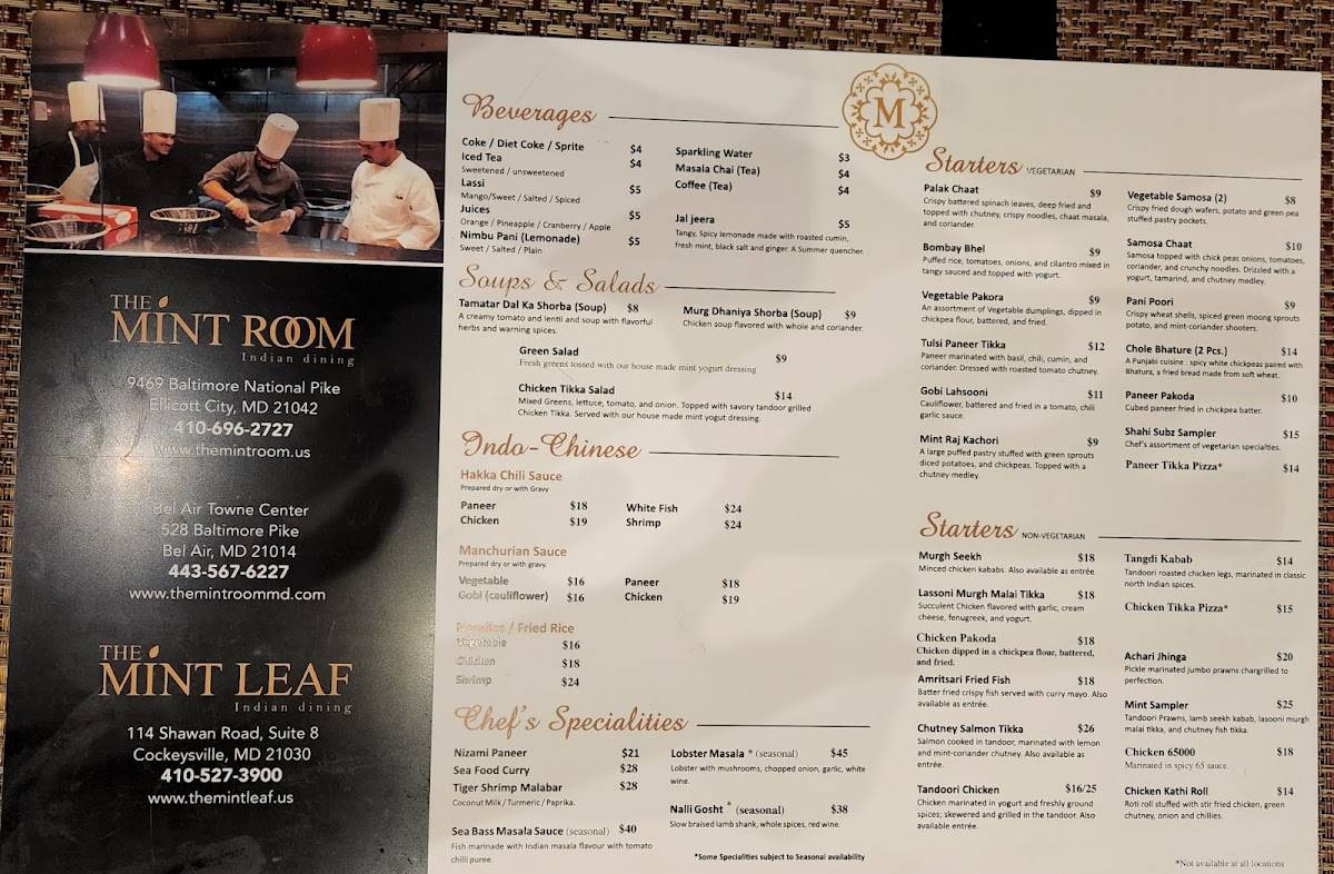 Menu at The Mint Room restaurant, Ellicott City
