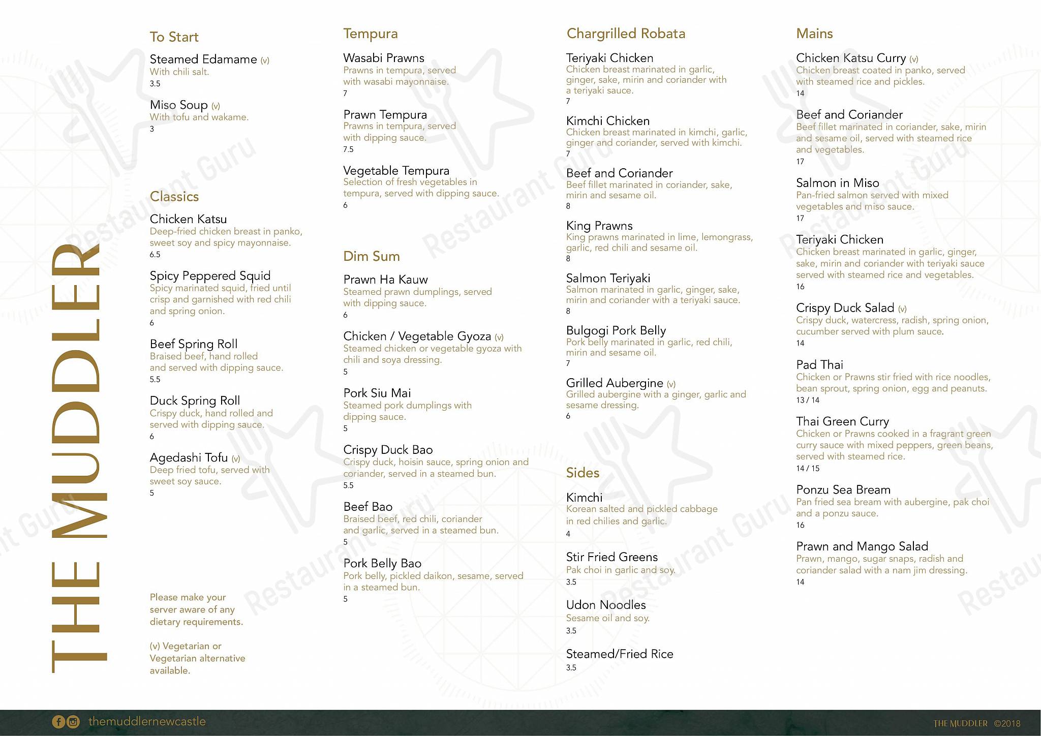 Menu at The Muddler restaurant, Newcastle upon Tyne