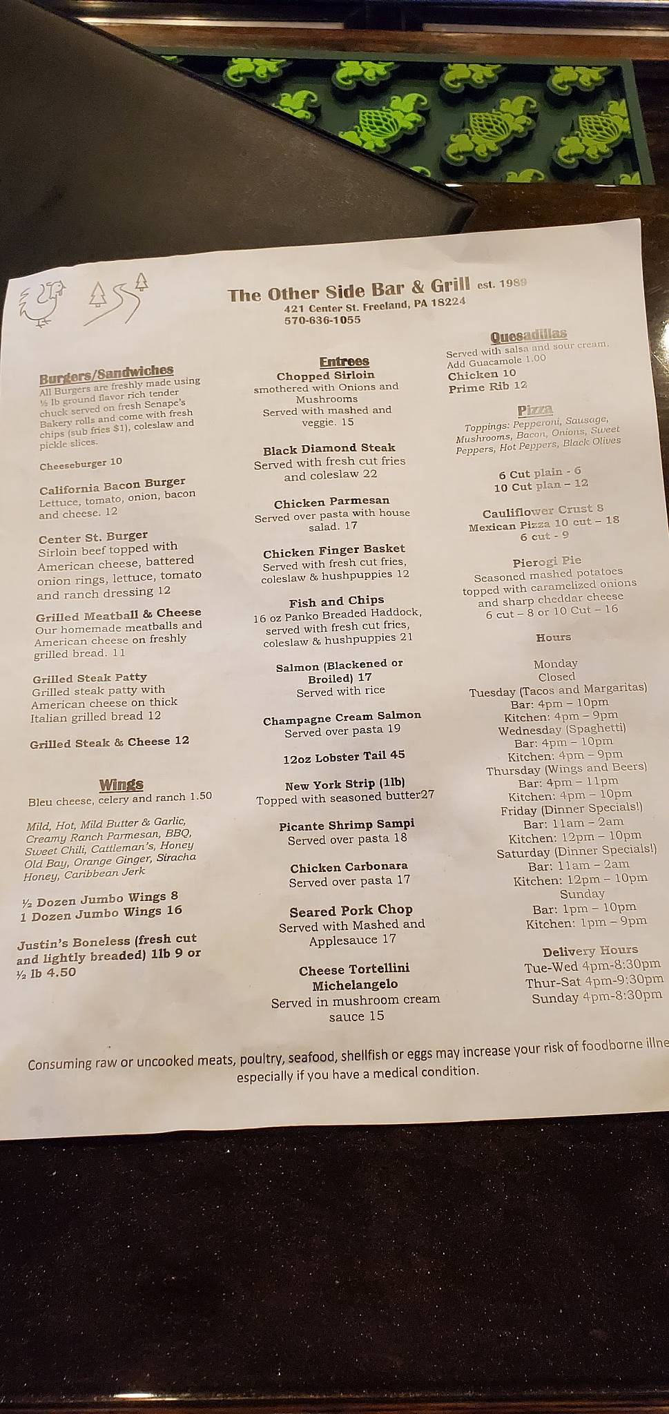 Menu at The Other Side pub & bar, Freeland