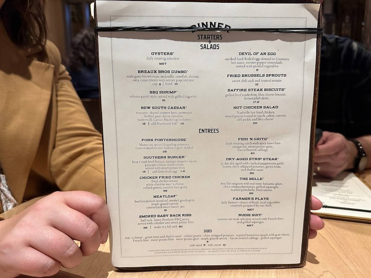 Menu at The Southern Steak & Oyster steakhouse, Nashville