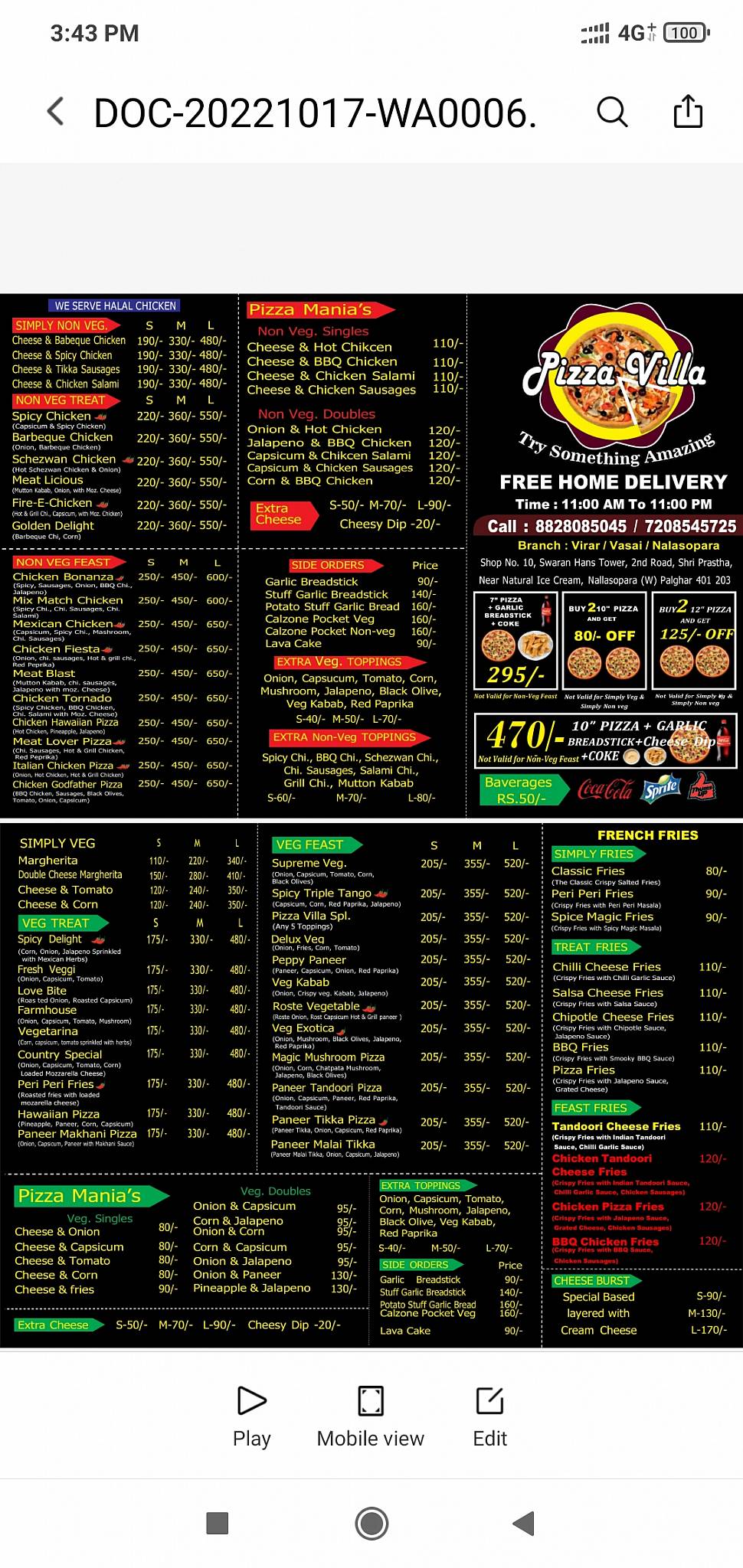 Menu at The tutu's pizza villa, Nala Sopara