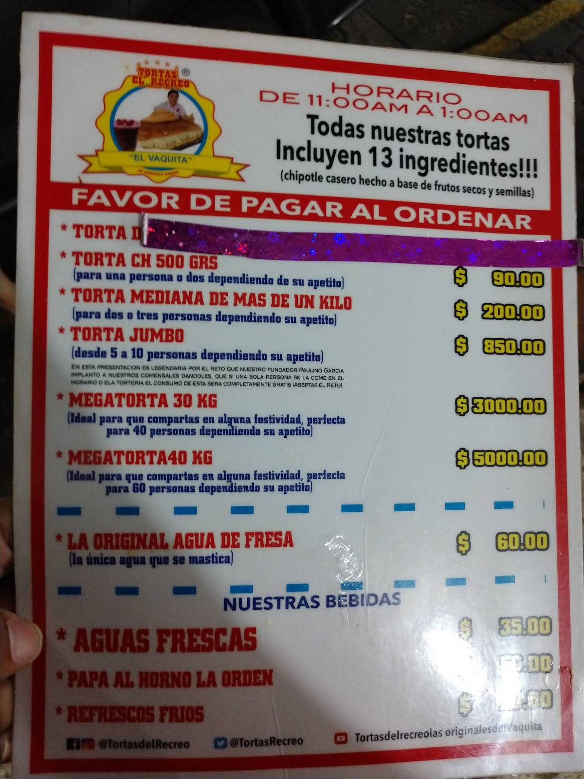 Carta Del Restaurante Tortas El Recreo Las Originales El Vaquita