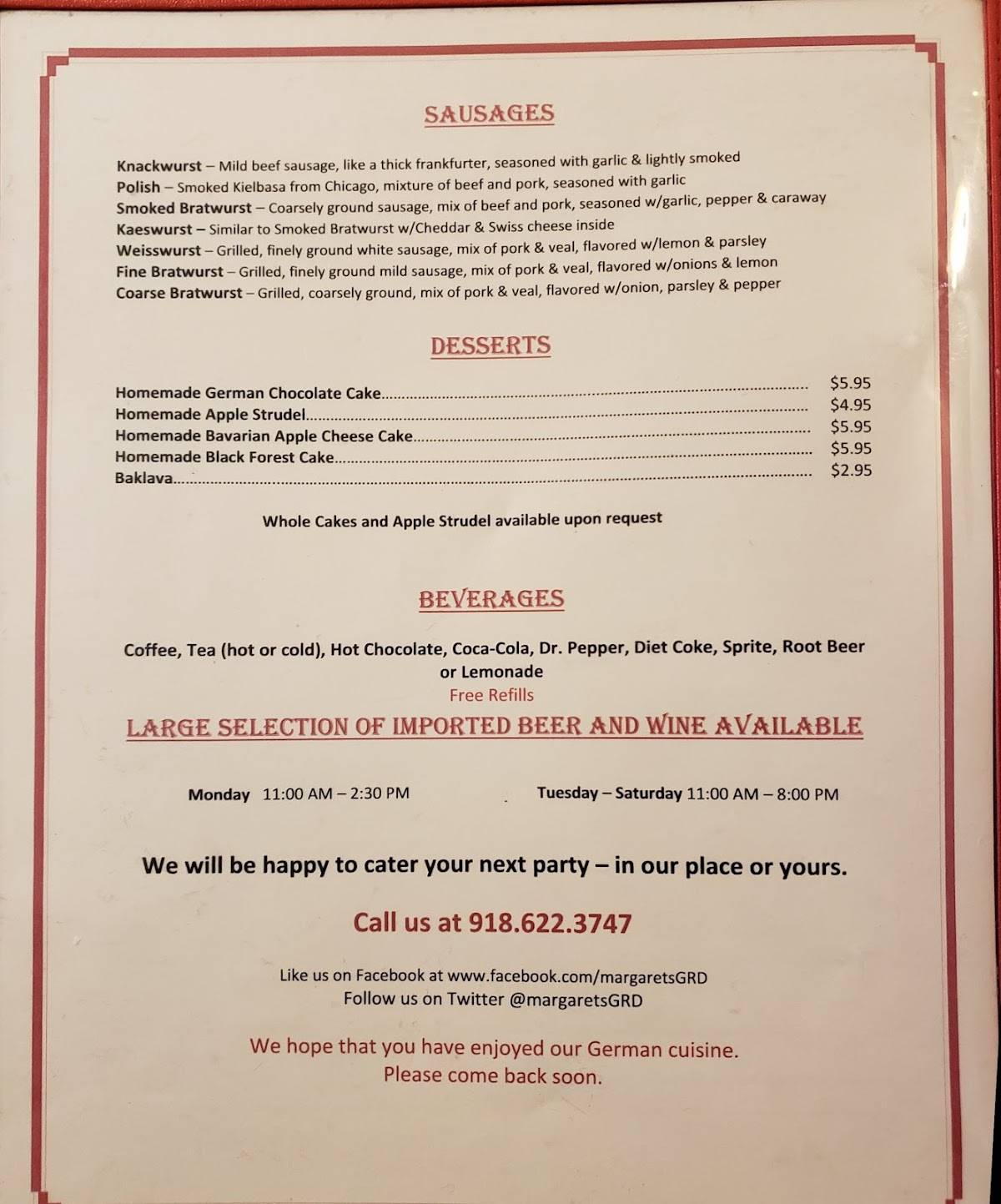 Menu at Margaret's German Restaurant, Tulsa, S Sheridan Rd