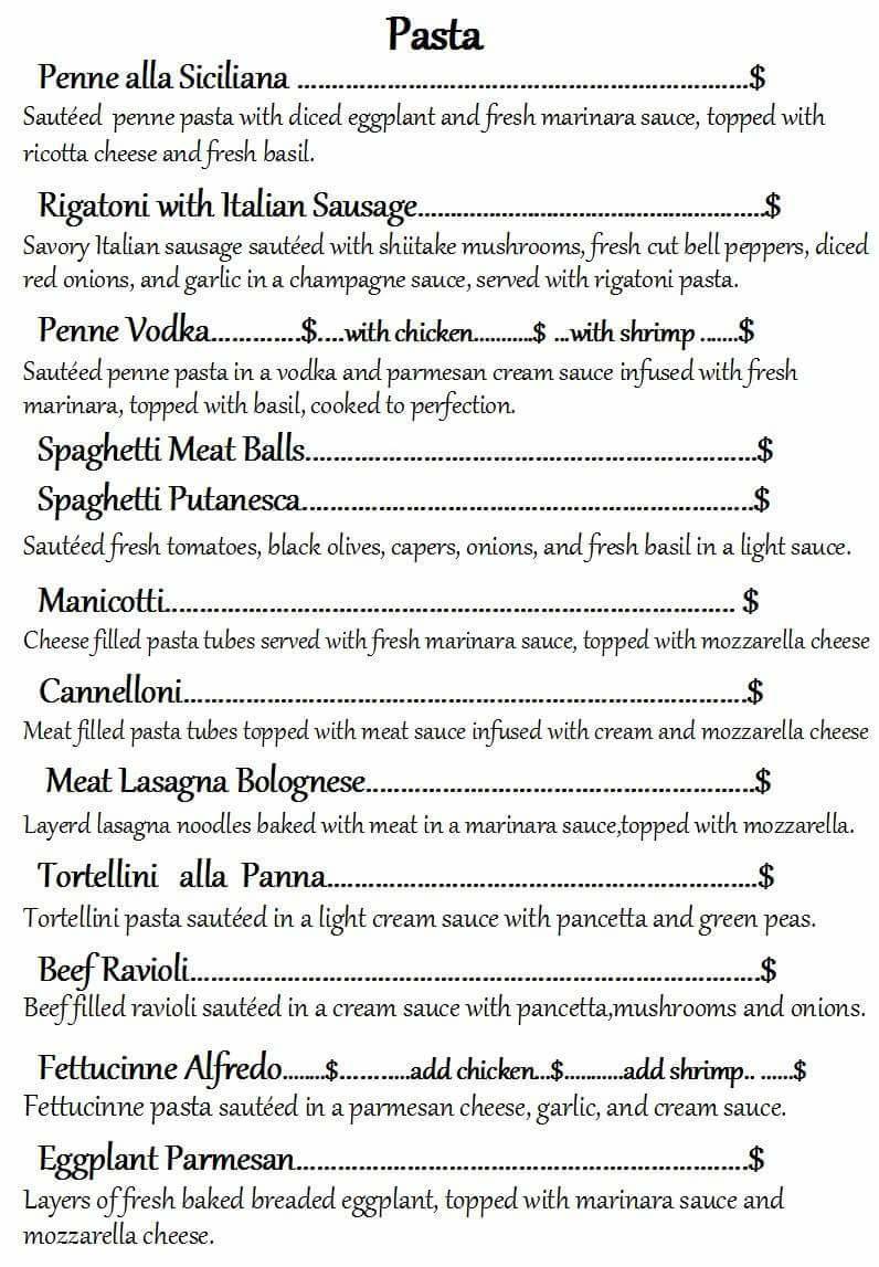 Menu at Via Roma Italian Restaurant, Hot Springs