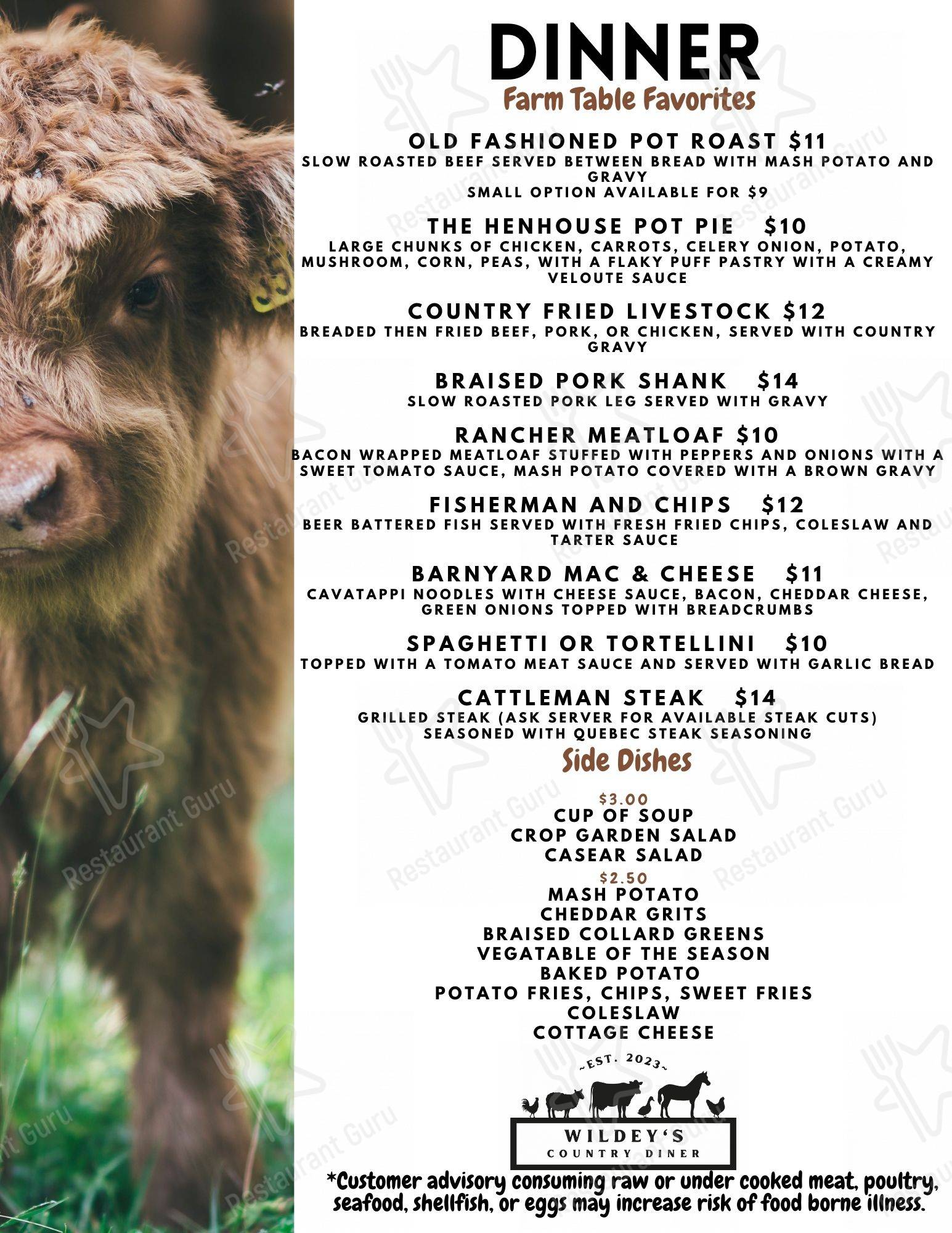 Menu at Wildey's Country Diner restaurant, Lacon