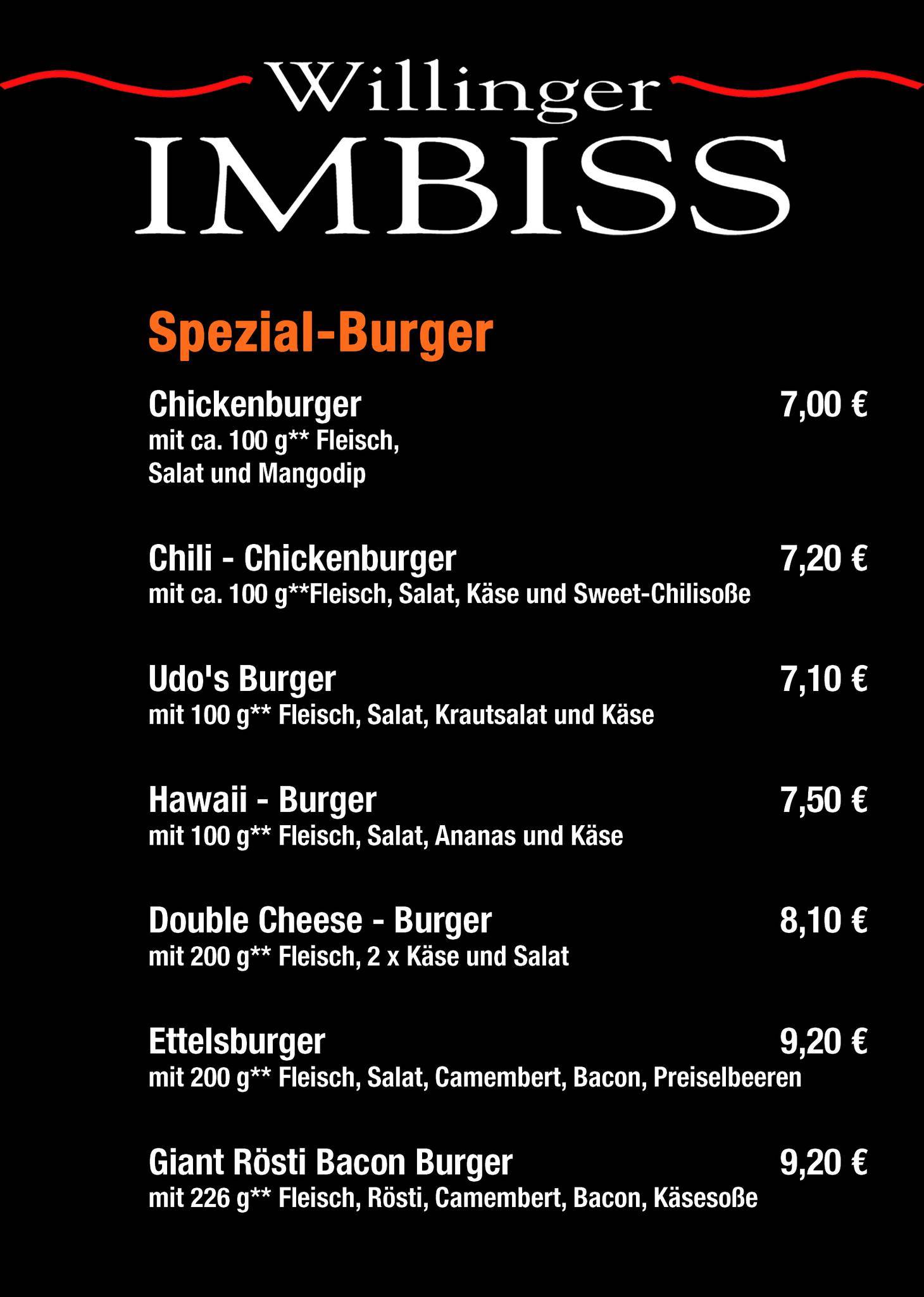 Menu at Willinger Imbiss fast food, Willingen