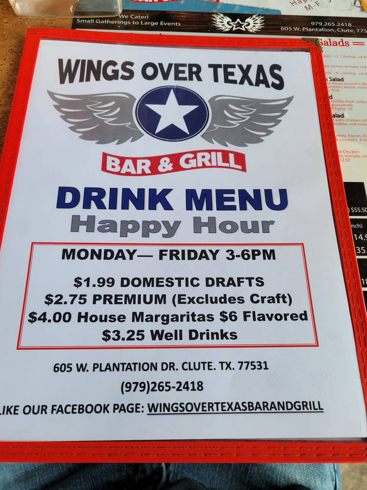 Menu at Wings Over Texas Bar & Grill, Clute, 605 W Plantation Dr