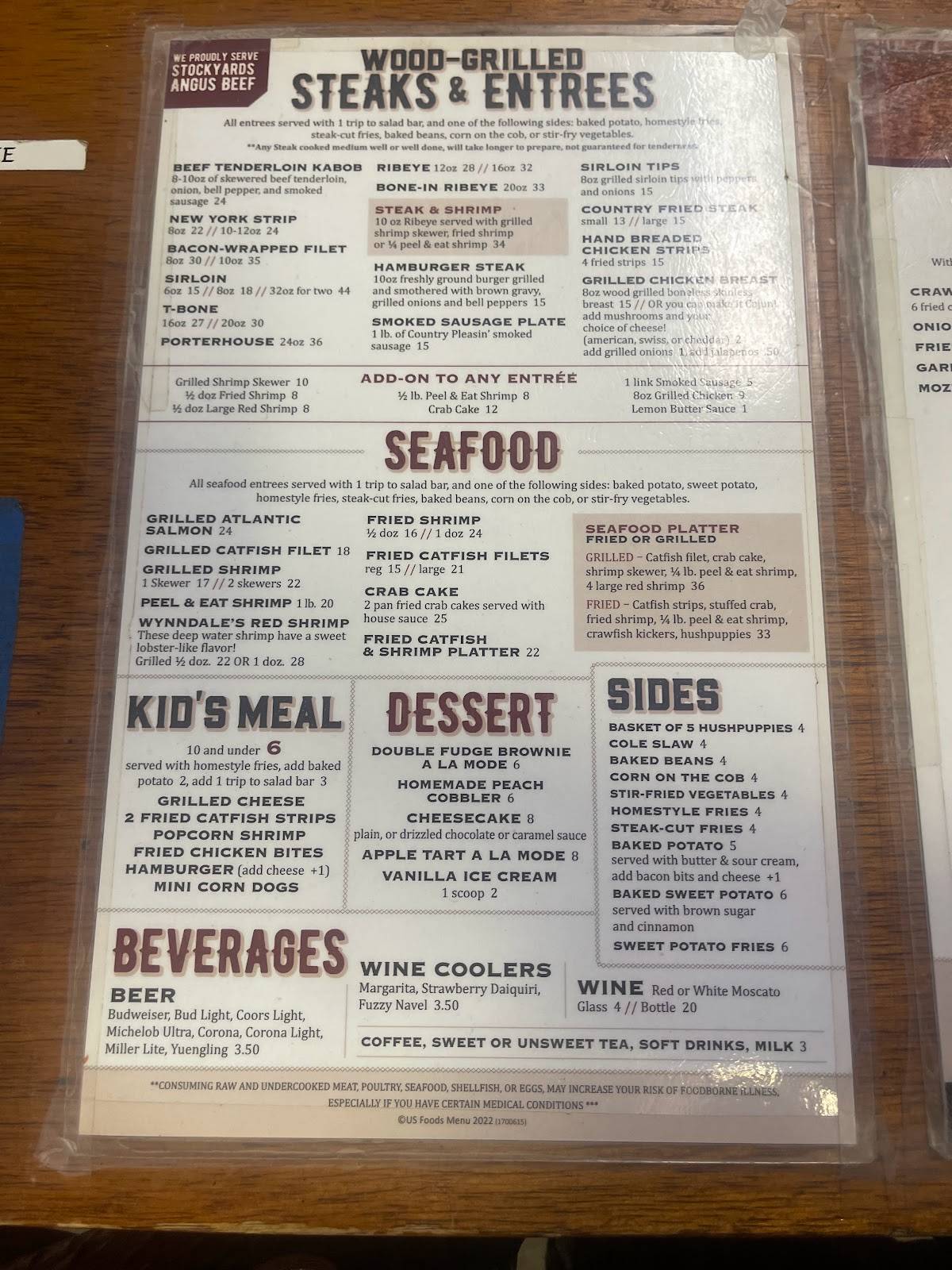 Menu at Wynndale SteakhouseRestaurant, Terry