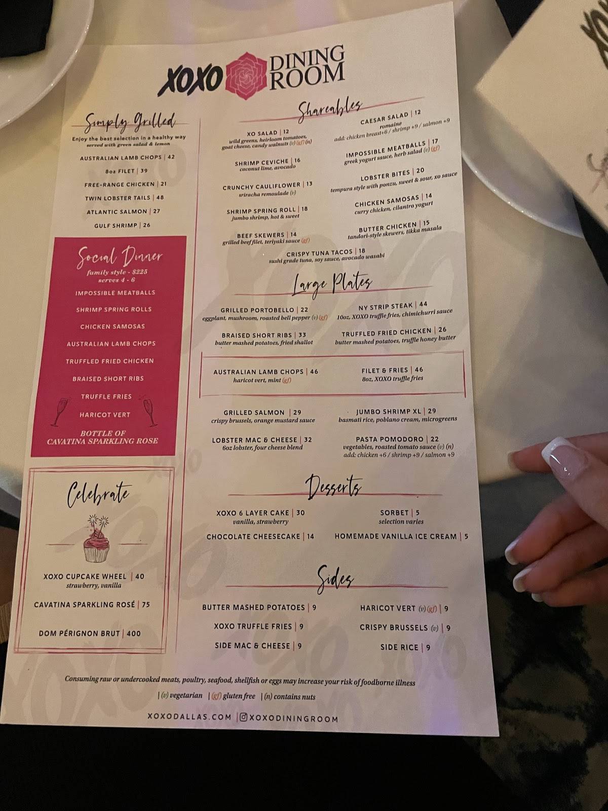 Menu at XOXO Dining Room restaurant, Dallas