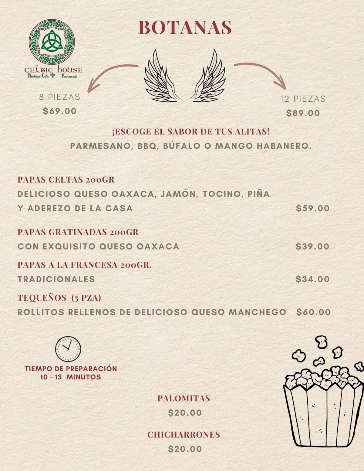 Menu at Celtic House restaurant, Xalapa