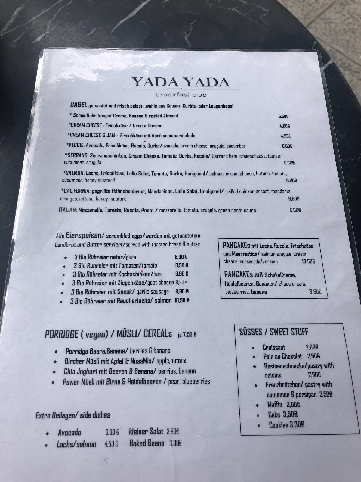 Speisekarte von YADA YADA breakfast club, Berlin