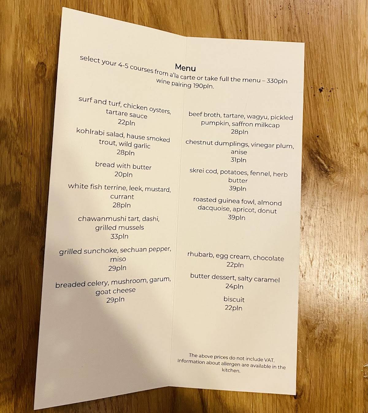 Menu at hub.praga restaurant, Warsaw
