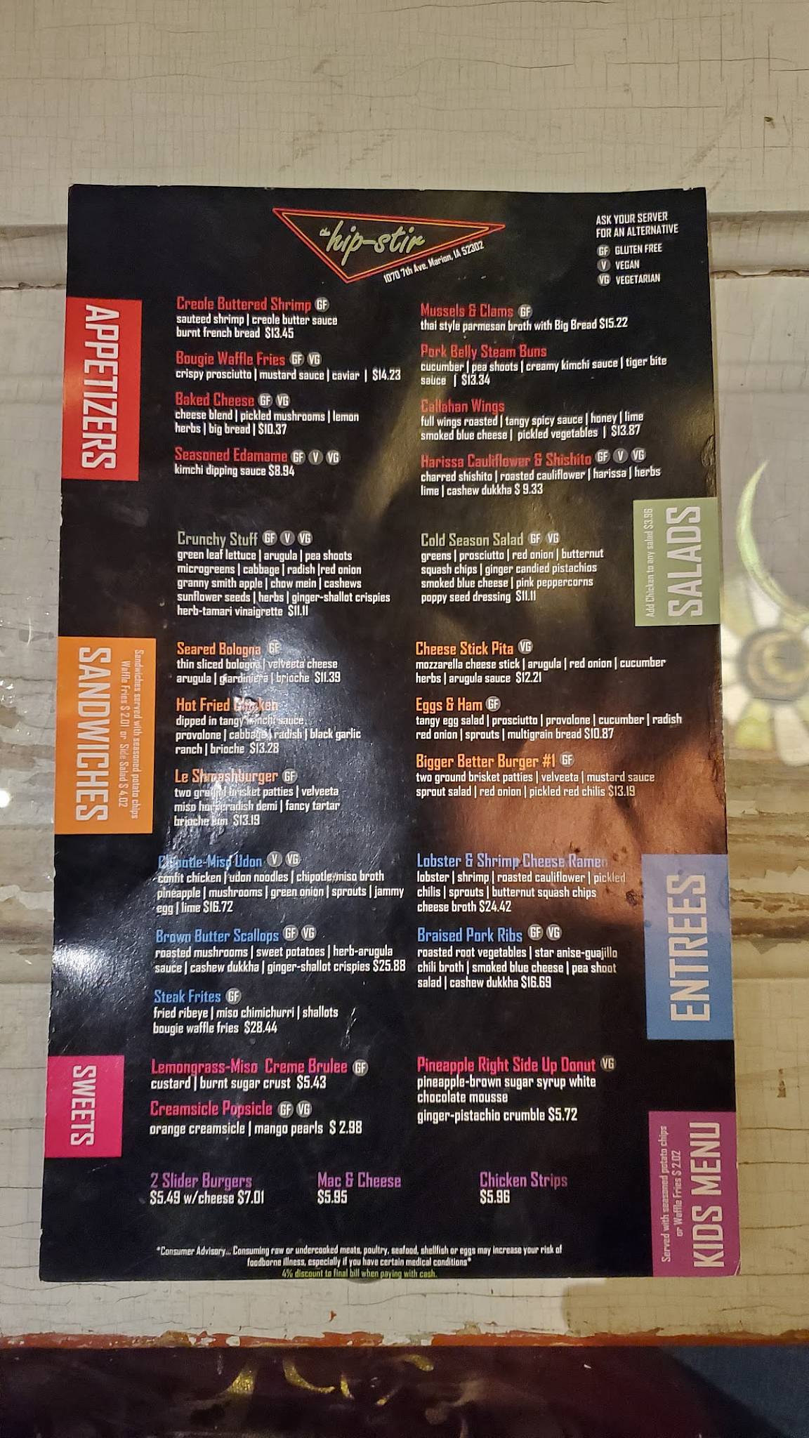 Menu at the hipstir pub & bar, Marion