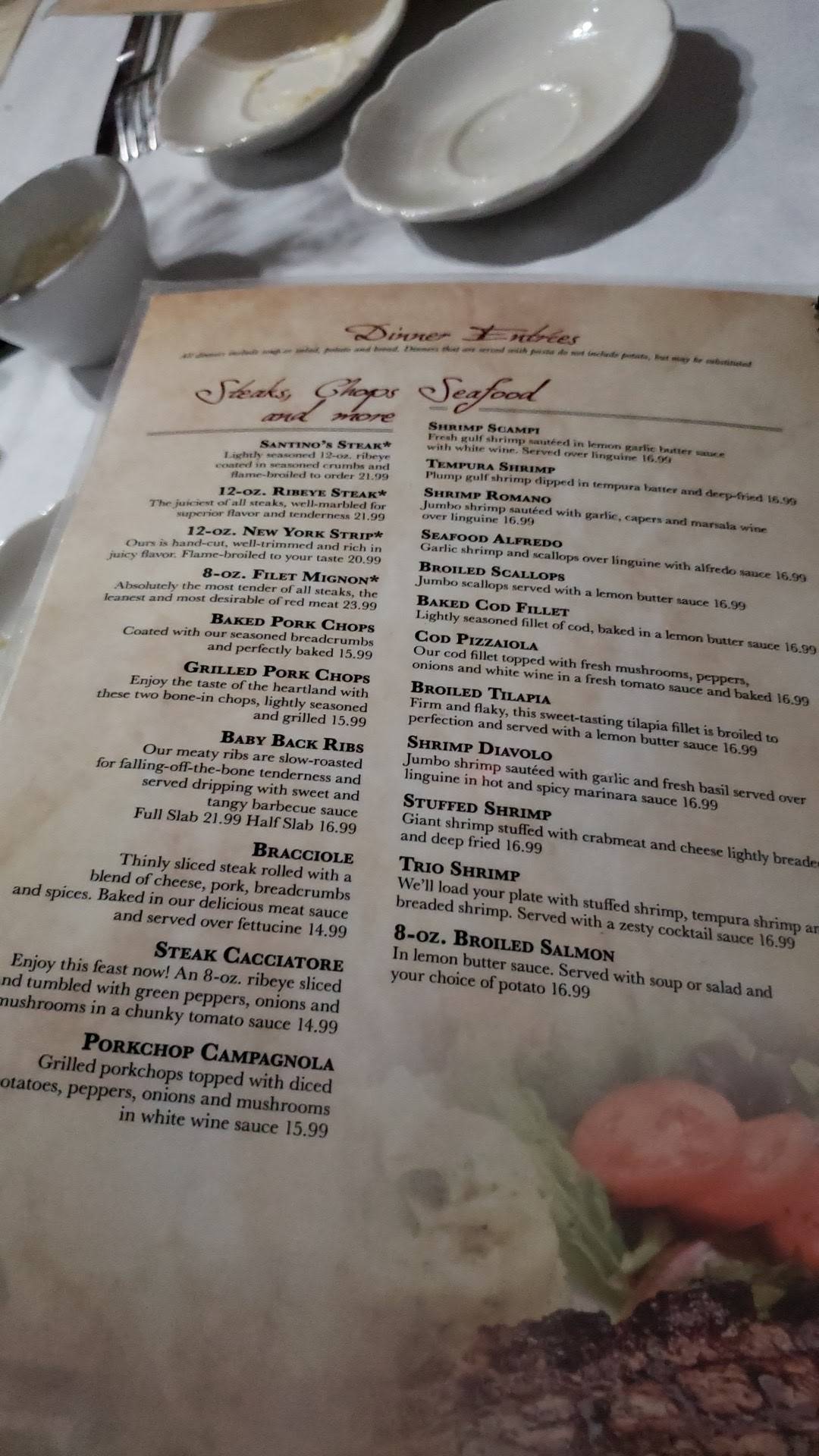 Menu at Santinos steakhouse, Alton
