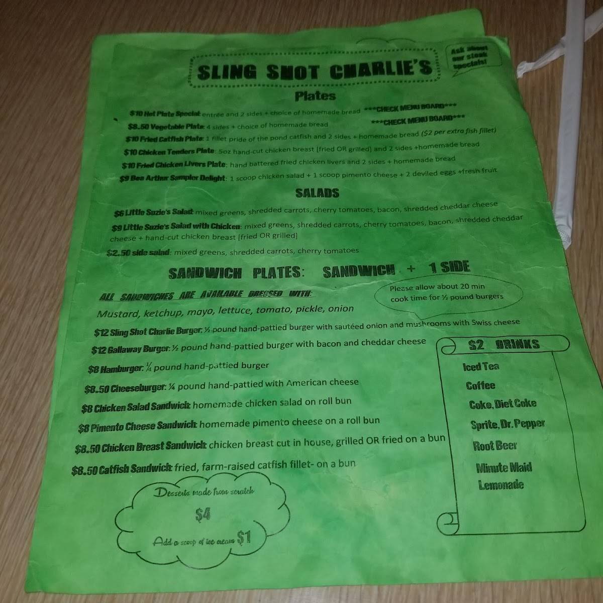 Menu at Sling Shot Charlie's restaurant, Arlington