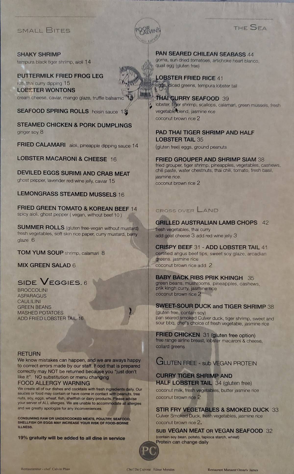 Menu at Poor Calvin's restaurant, Atlanta