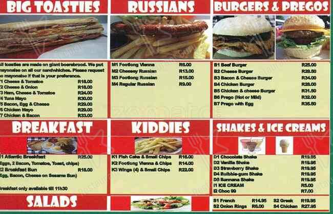 Menu at Atlantic Elmadre restaurant, Nelspruit