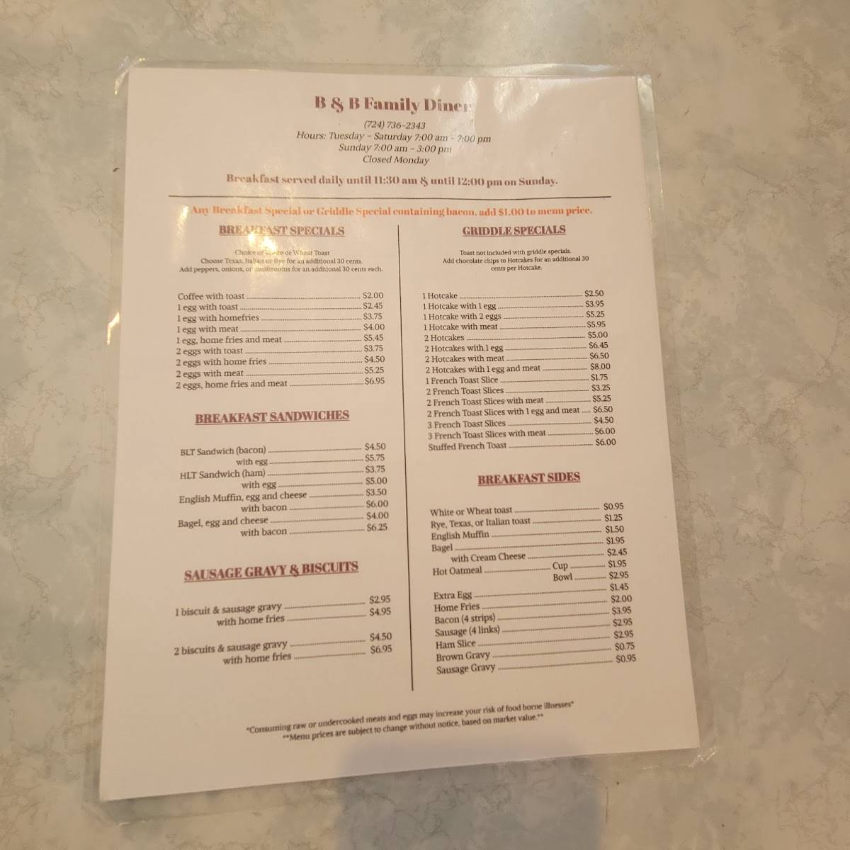 Menu at B & B Family Diner restaurant, Perryopolis