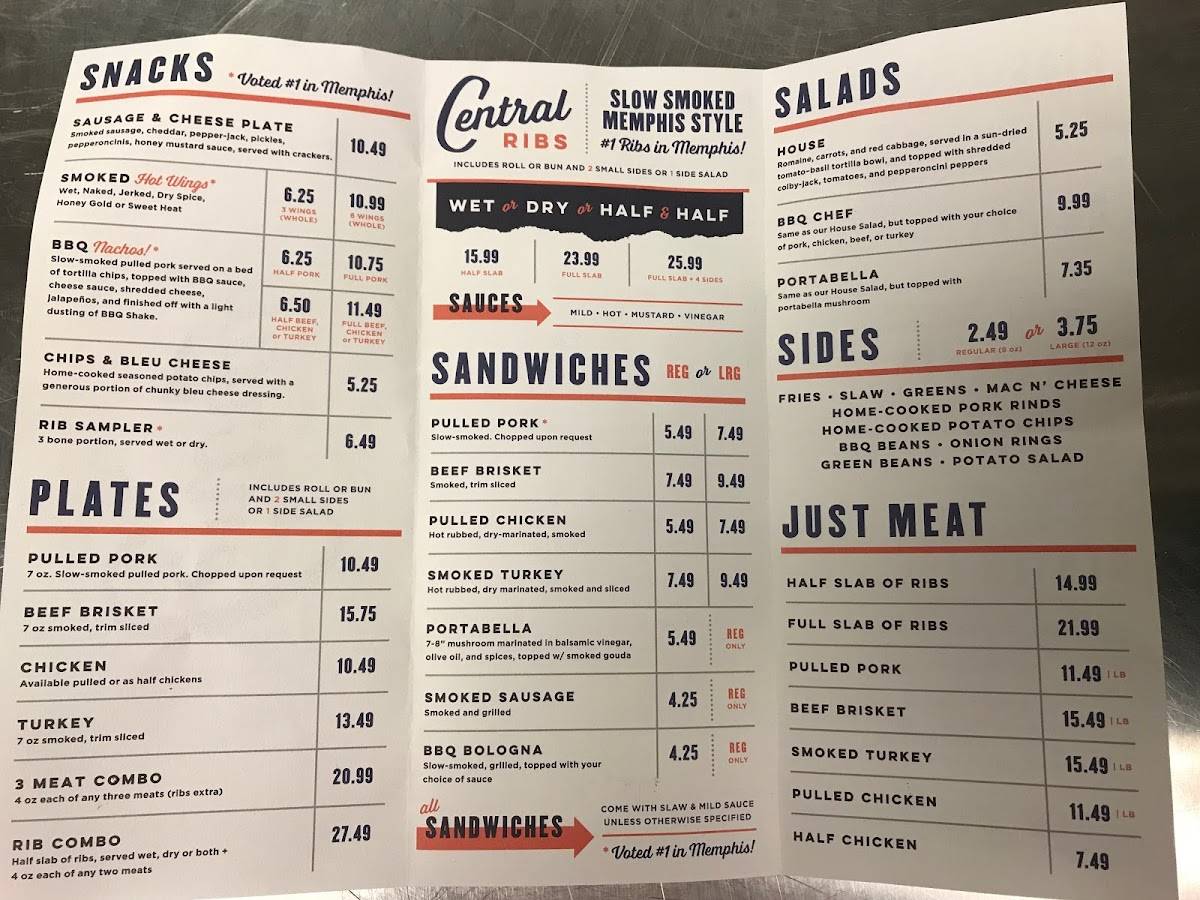 Menu at Central BBQ - Poplar, Memphis, Poplar Ave