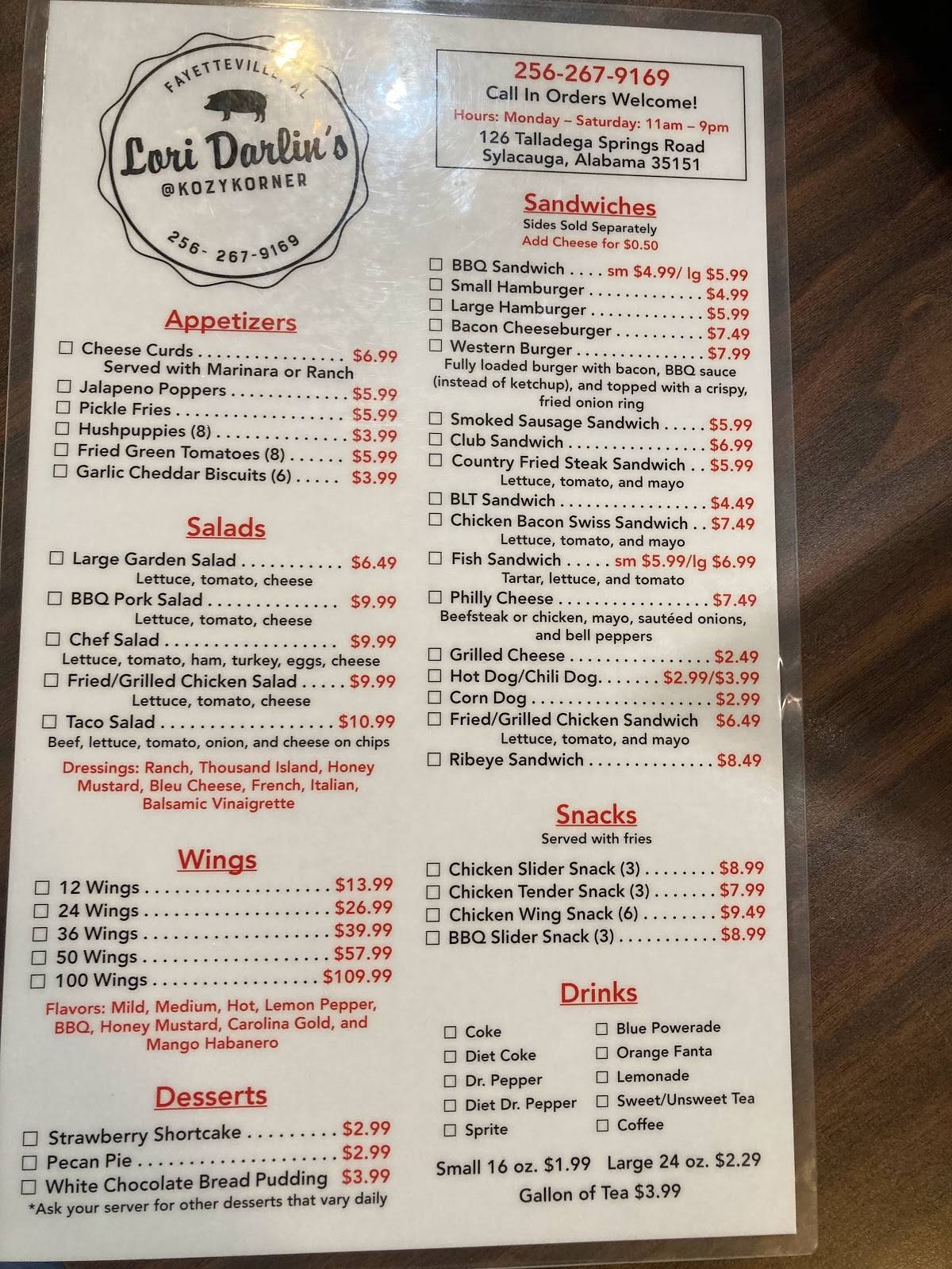 Menu at Lori Darlins BBQ, Sylacauga