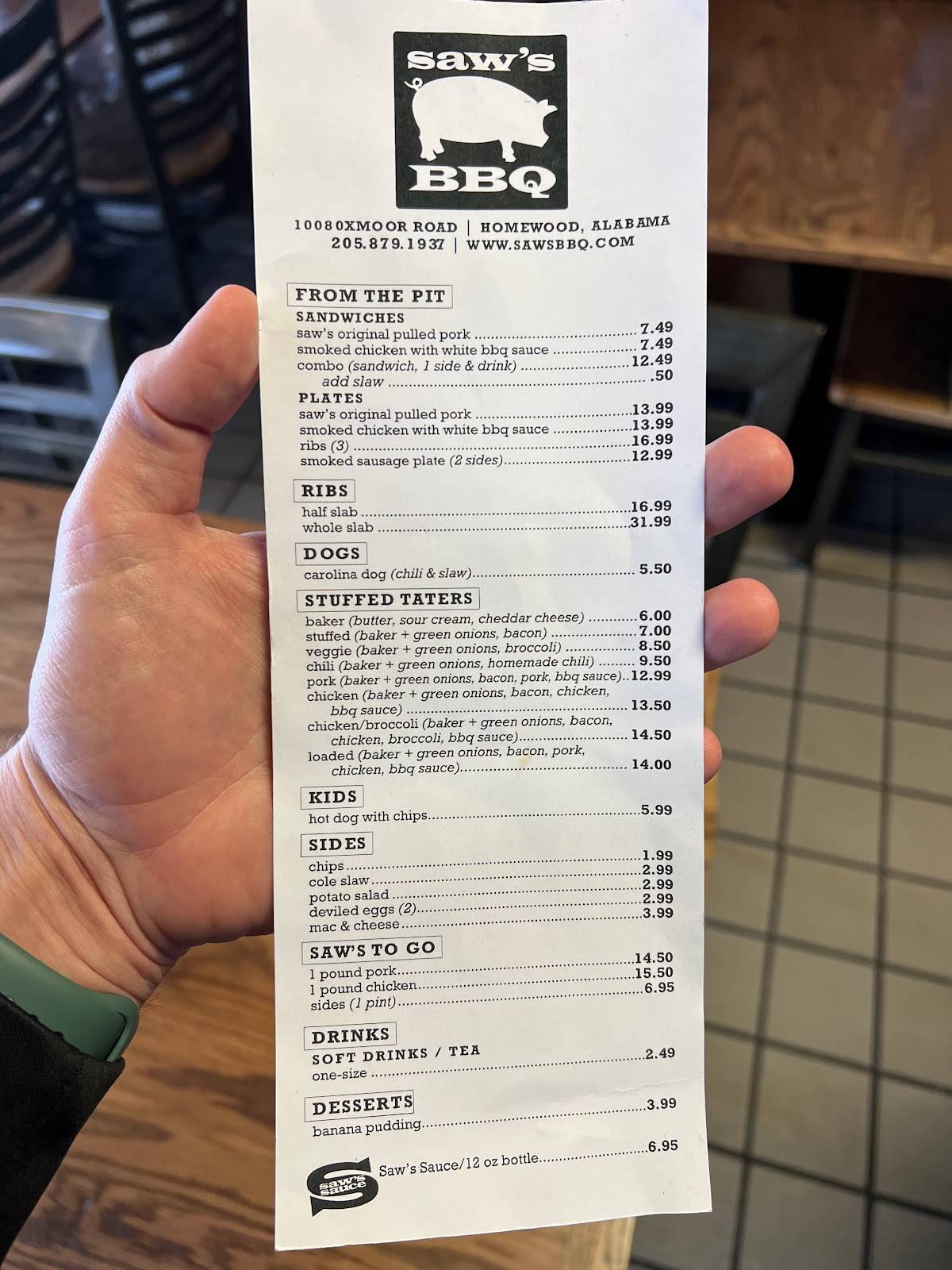 Menu at Saw's BBQ, Homewood