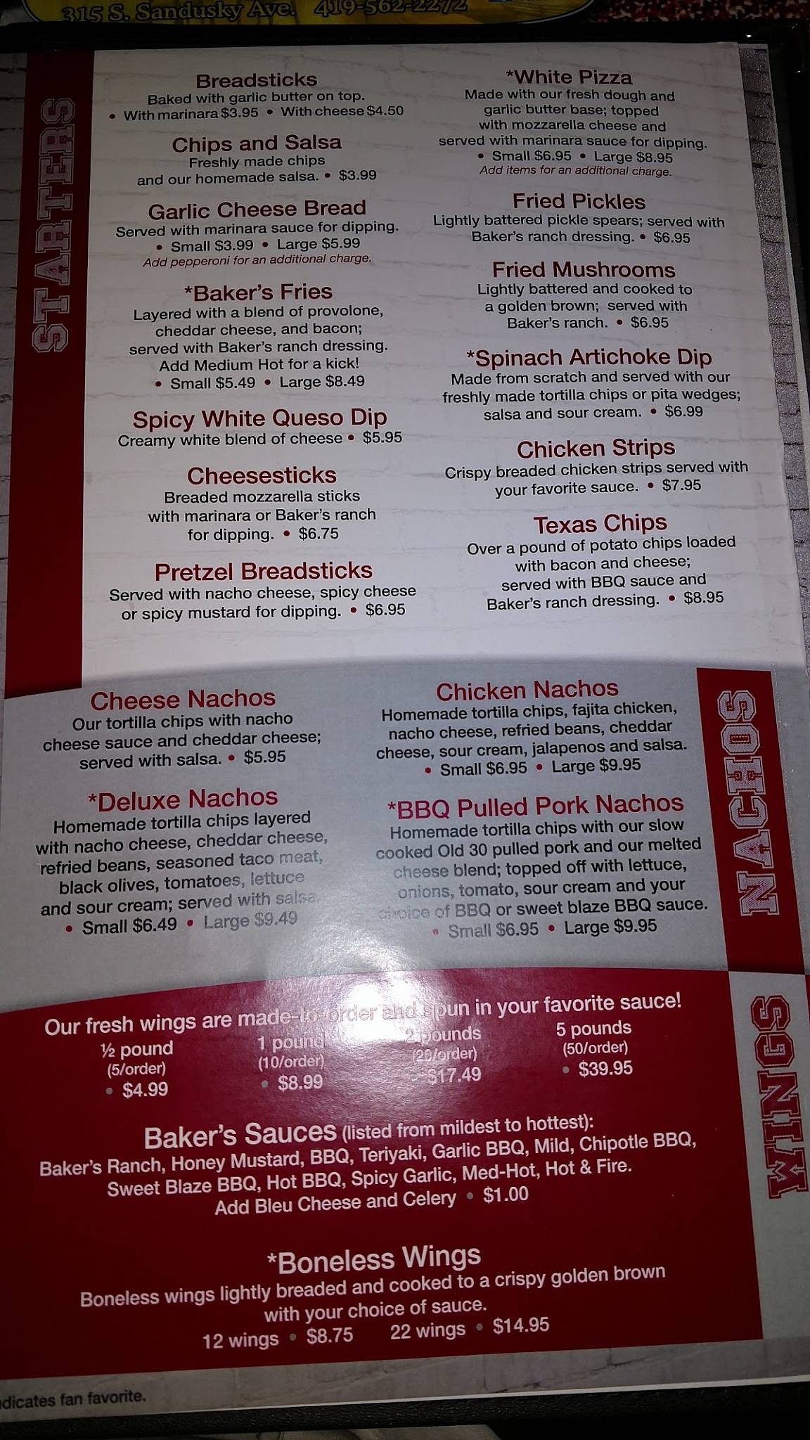 Menu at Baker's Pizza Sports Shack pub & bar, Bucyrus