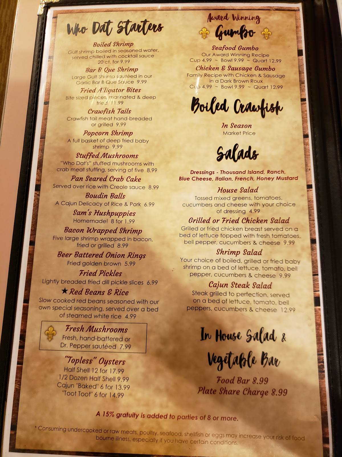 Menu at Who Dat's Cajun Restaurant, Bald Knob