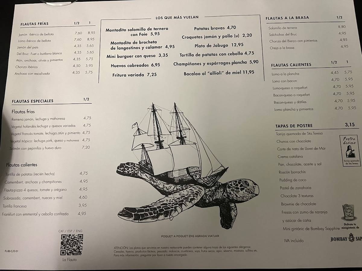 Carta del restaurante La Flauta, Barcelona, Carrer d'Aribau