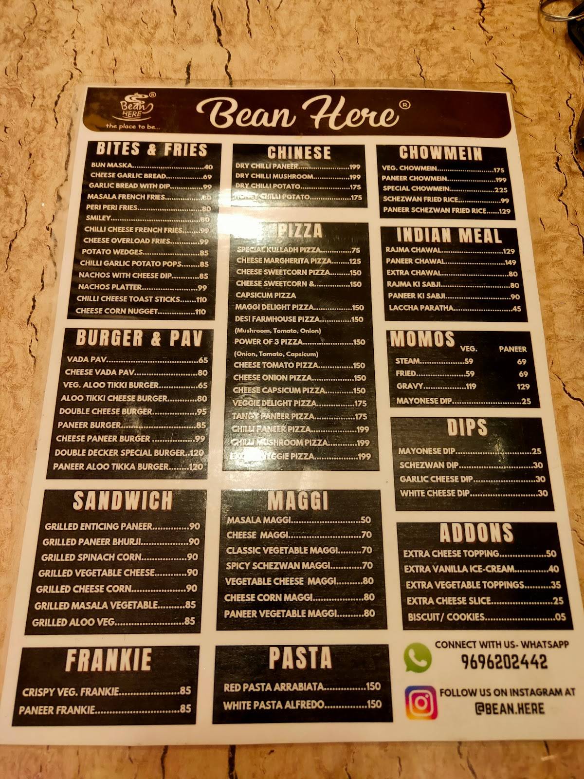 Menu at Bean Here, Mau