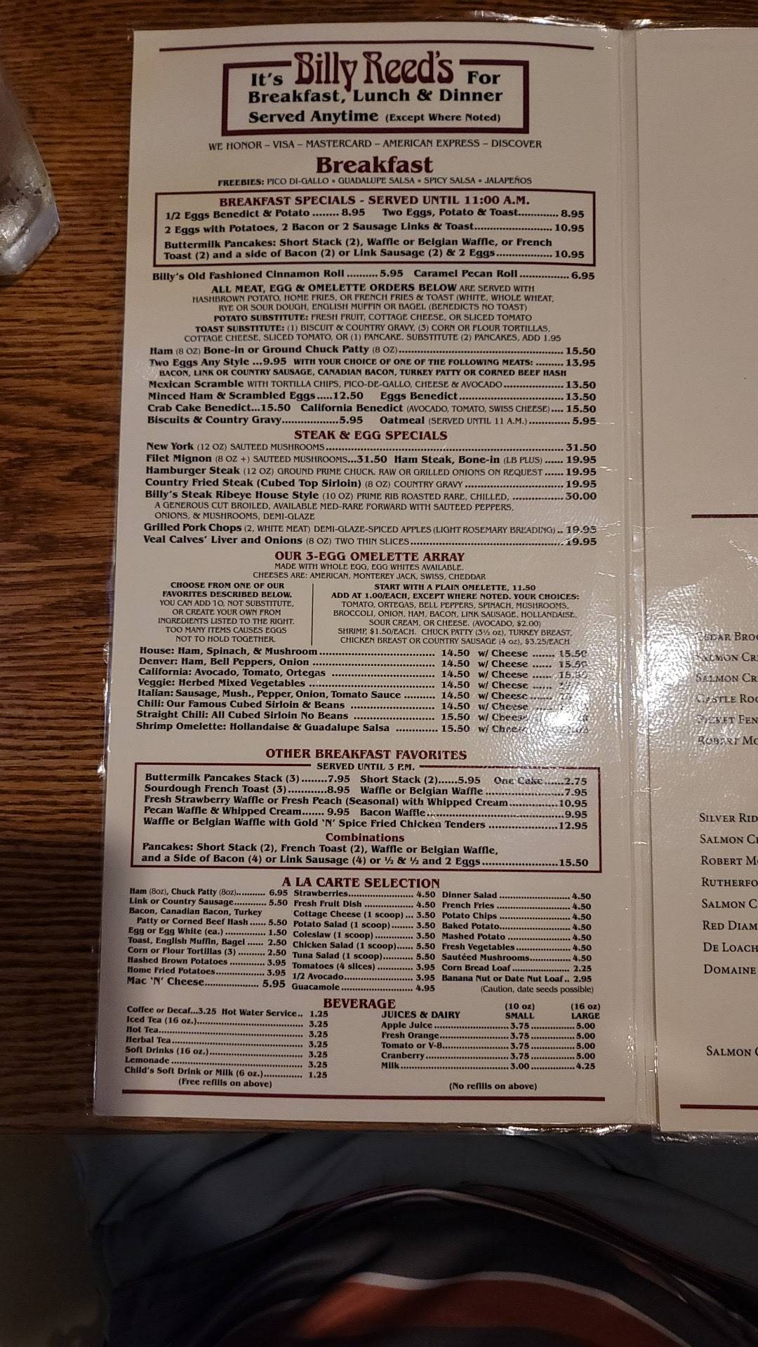 Menu at Billy Reed's Palm Springs restaurant, Palm Springs