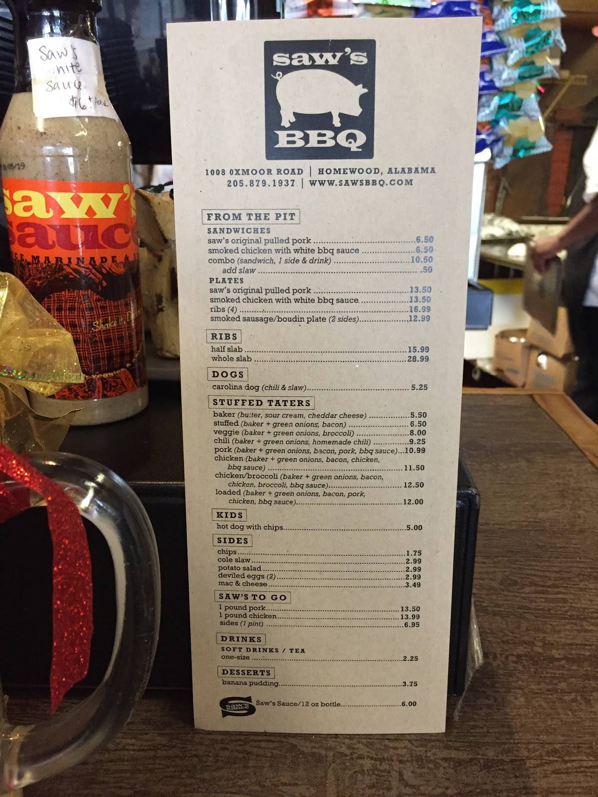 Menu at Saw's BBQ, Homewood
