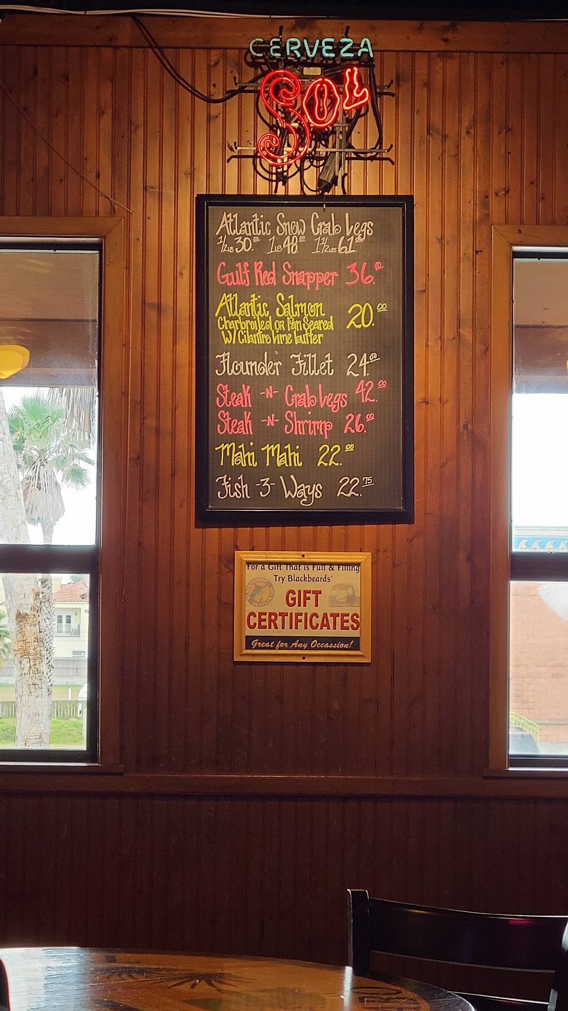 Menu at Blackbeards' pub & bar, South Padre Island